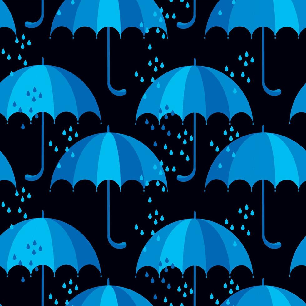 icono de paraguas azul plano. lindo patrón sin costuras de gota de lluvia sobre fondo negro. ilustración vectorial sencilla. vector