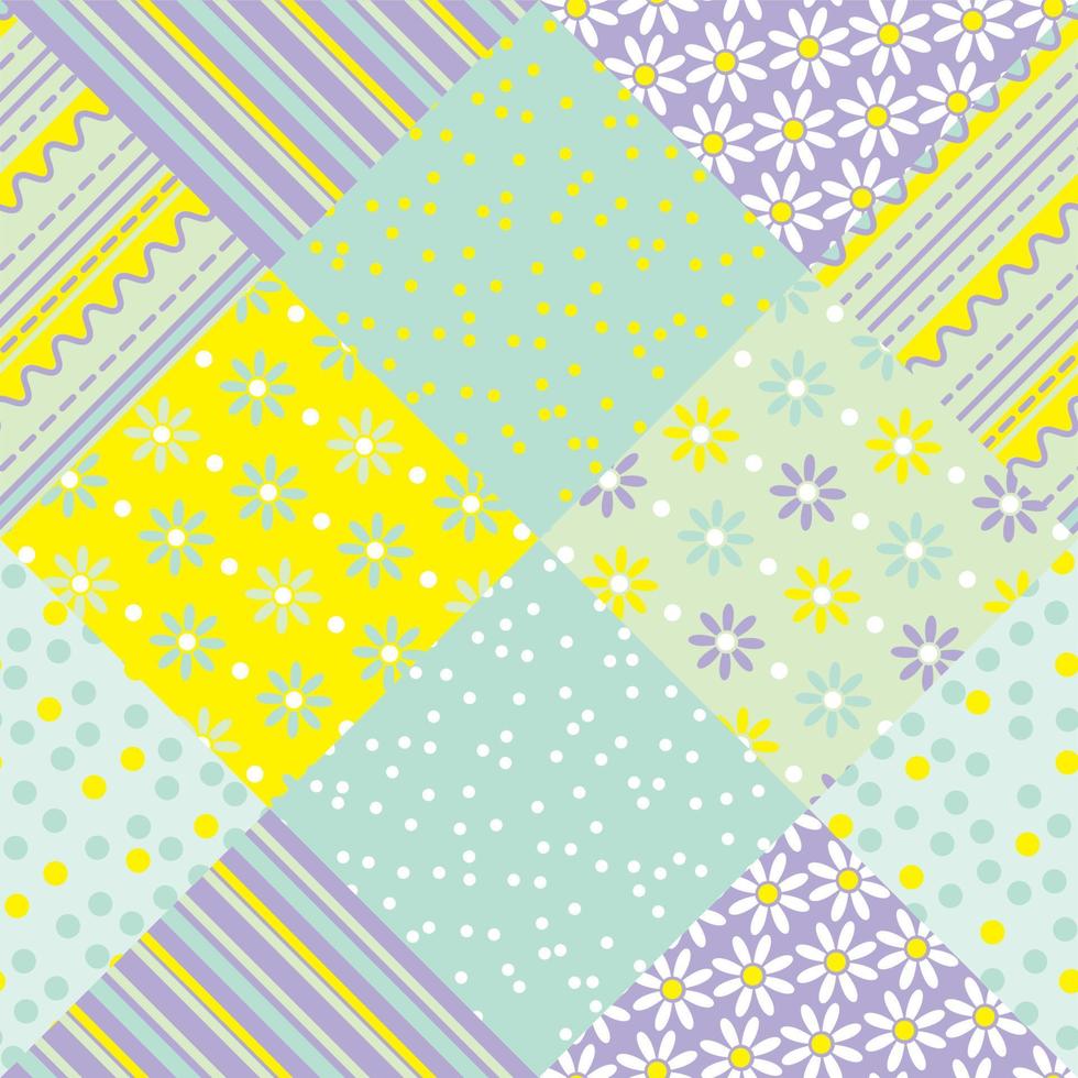 yellow and green pastel color patchwork vector seamless pattern.  flower and  polka dot fabric motif