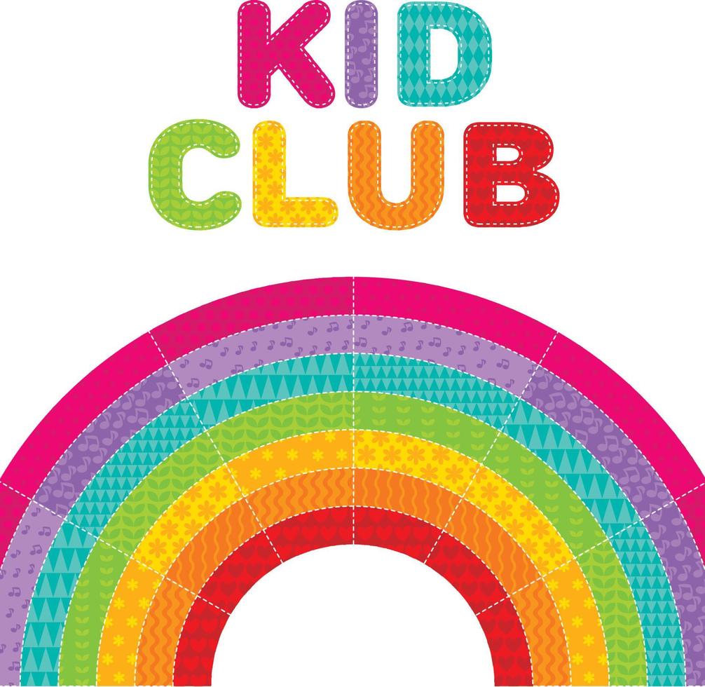 kid  rainbow vector illustration. isolated color arc lettering with colorful  patchwork pattern.