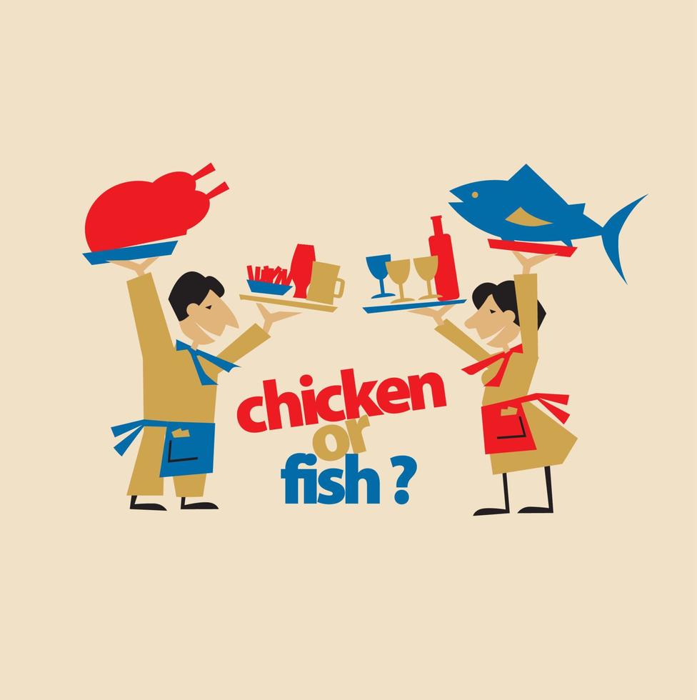 cafe waiters hold meat and fish. simple flat header. vector