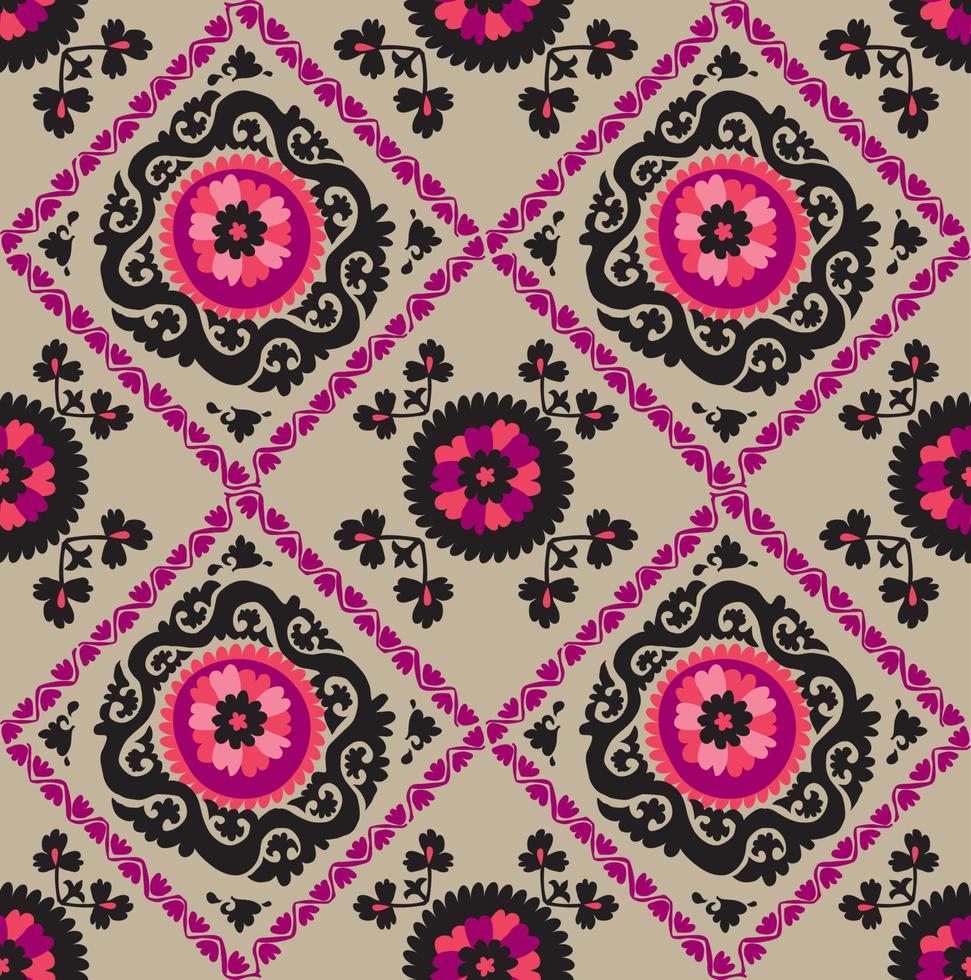 traditional asian carpet embroidery Suzanne in pink and black color. Uzbek ethnic decorative floral motif for rug, fabric, tablecloth vector