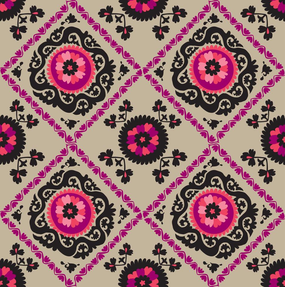 traditional asian carpet embroidery Suzanne in pink and black color. Uzbek ethnic decorative floral motif for rug, fabric, tablecloth vector