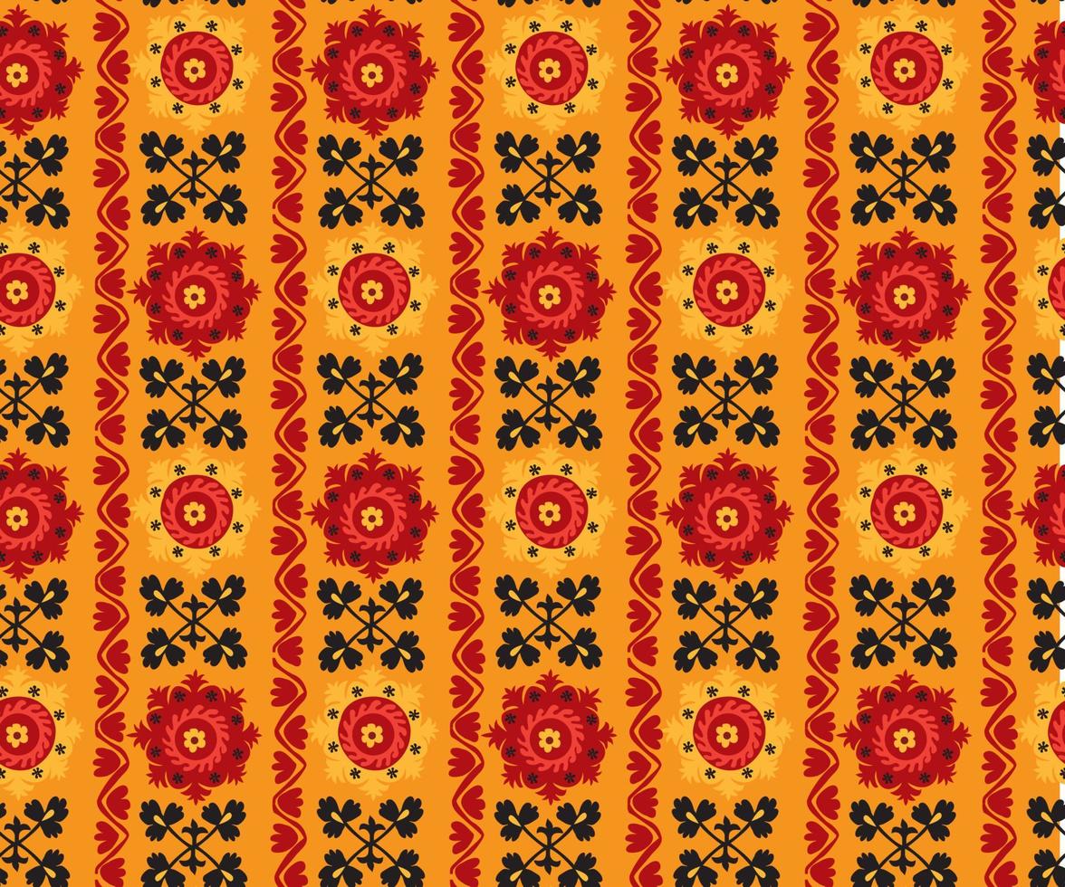 bordado tradicional de alfombras asiáticas en negro, rojo y naranja suzanne. motivo floral decorativo étnico uzbeko para alfombra, tela, mantel vector
