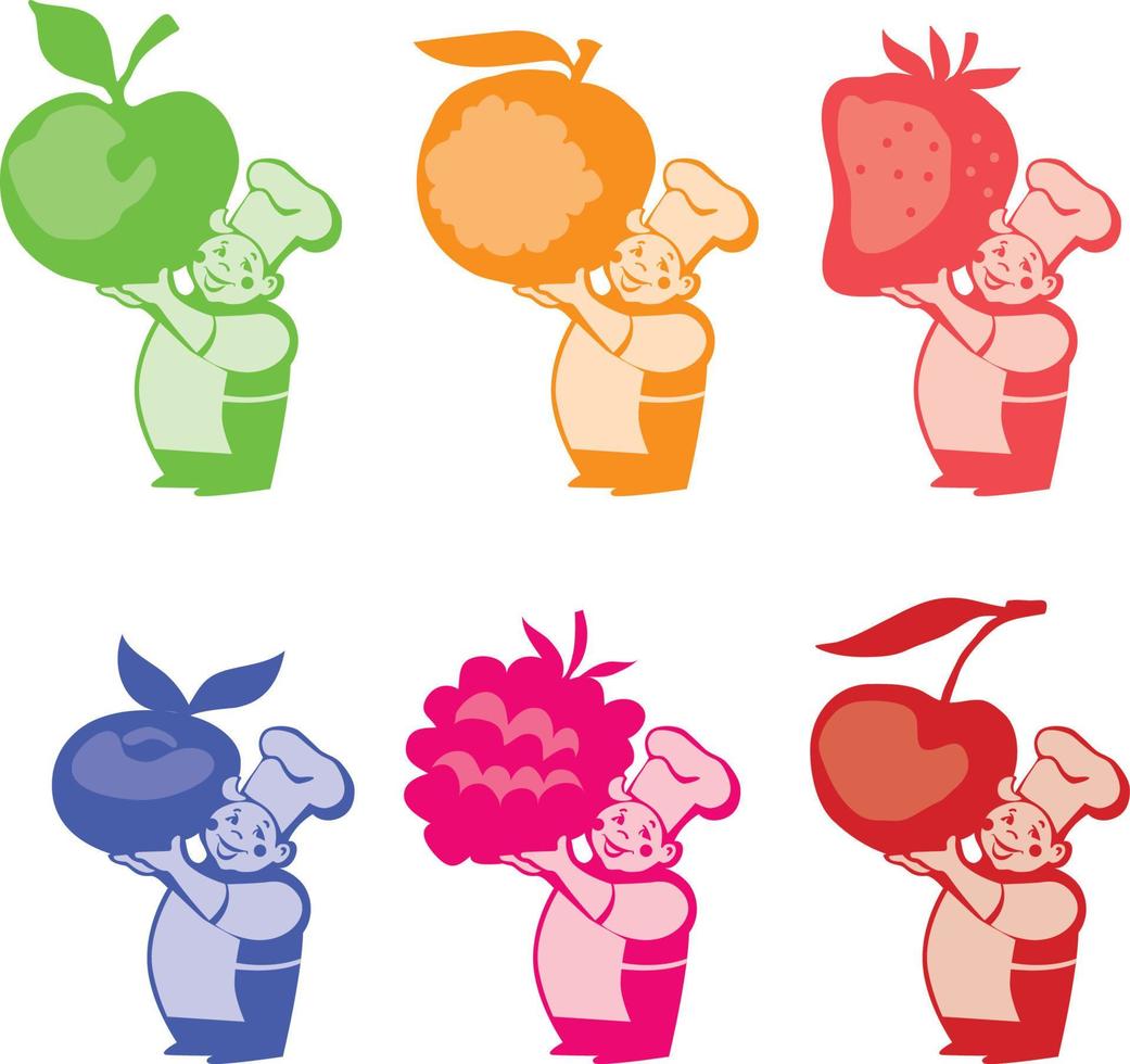 little chief cooker hold huge giant barry for jam. strawberry, raspberry, orange, apple, blueberry, cherry label or sticker set. vector illustration