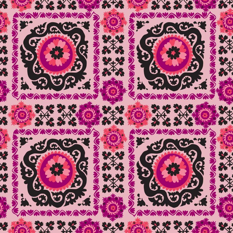 patrón impecable de suzanne bordada en alfombras asiáticas tradicionales en color rosa y negro. motivo floral decorativo étnico uzbeko para alfombra, tela, mantel vector