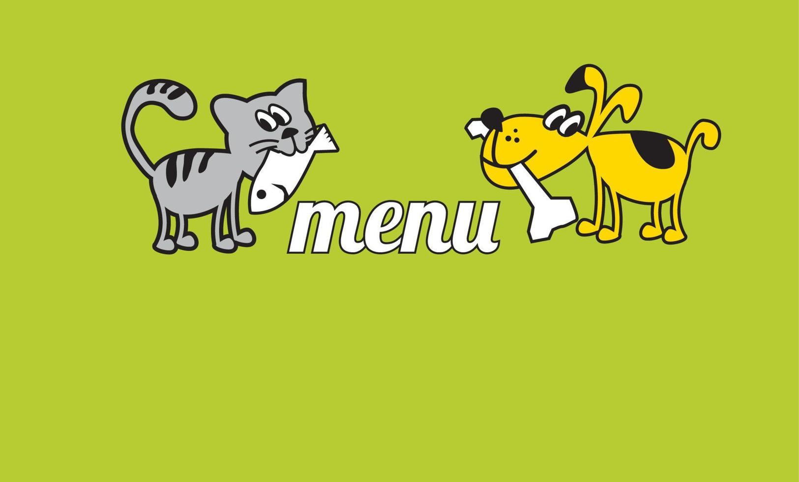 funny cat and dog eating food. little home animal concept poster. cute pet childish vector illustration