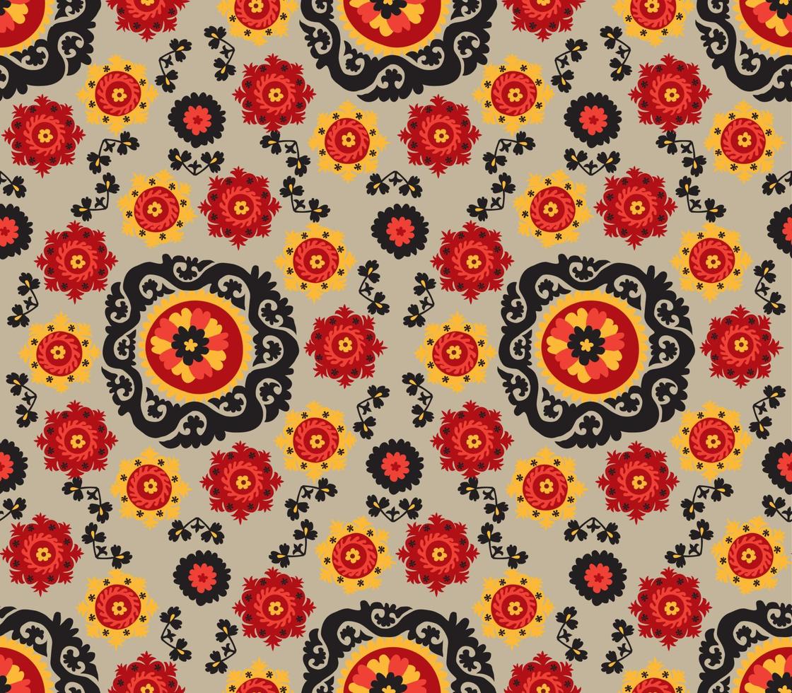 traditional asian carpet embroidery Suzane. Uzbek ethnic decorative floral motif for rug, fabric, tablecloth on canvas color background vector
