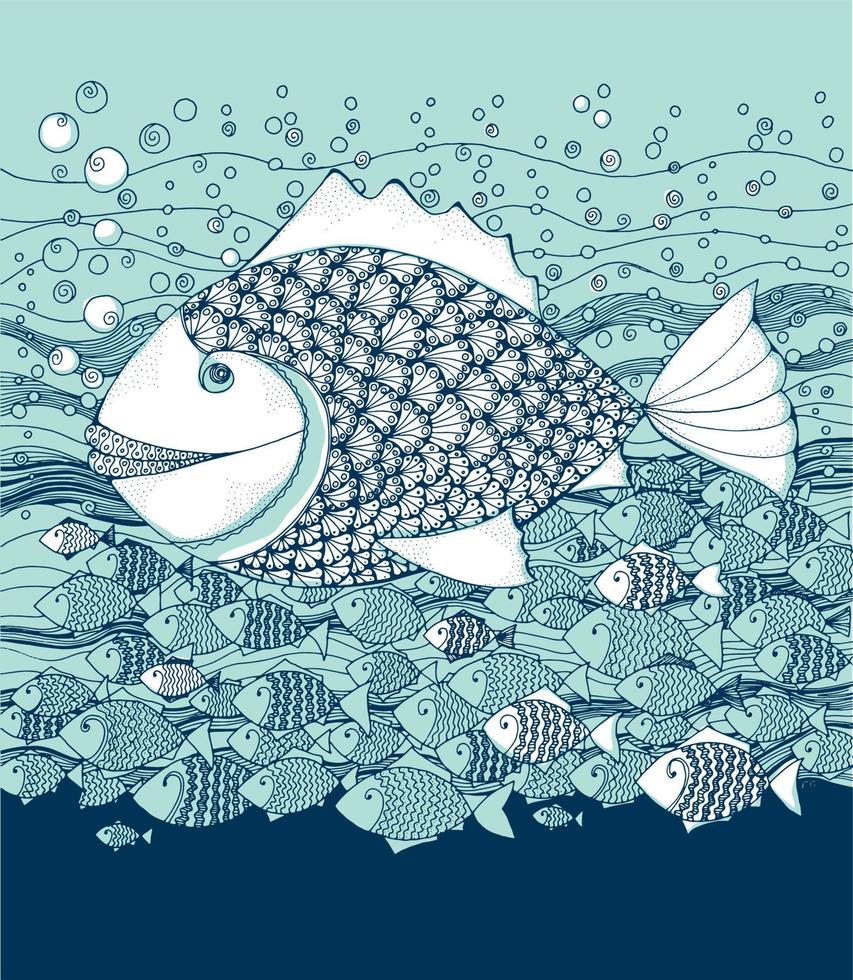 marine life little fish in decorative style. hand drawn vector illustration.