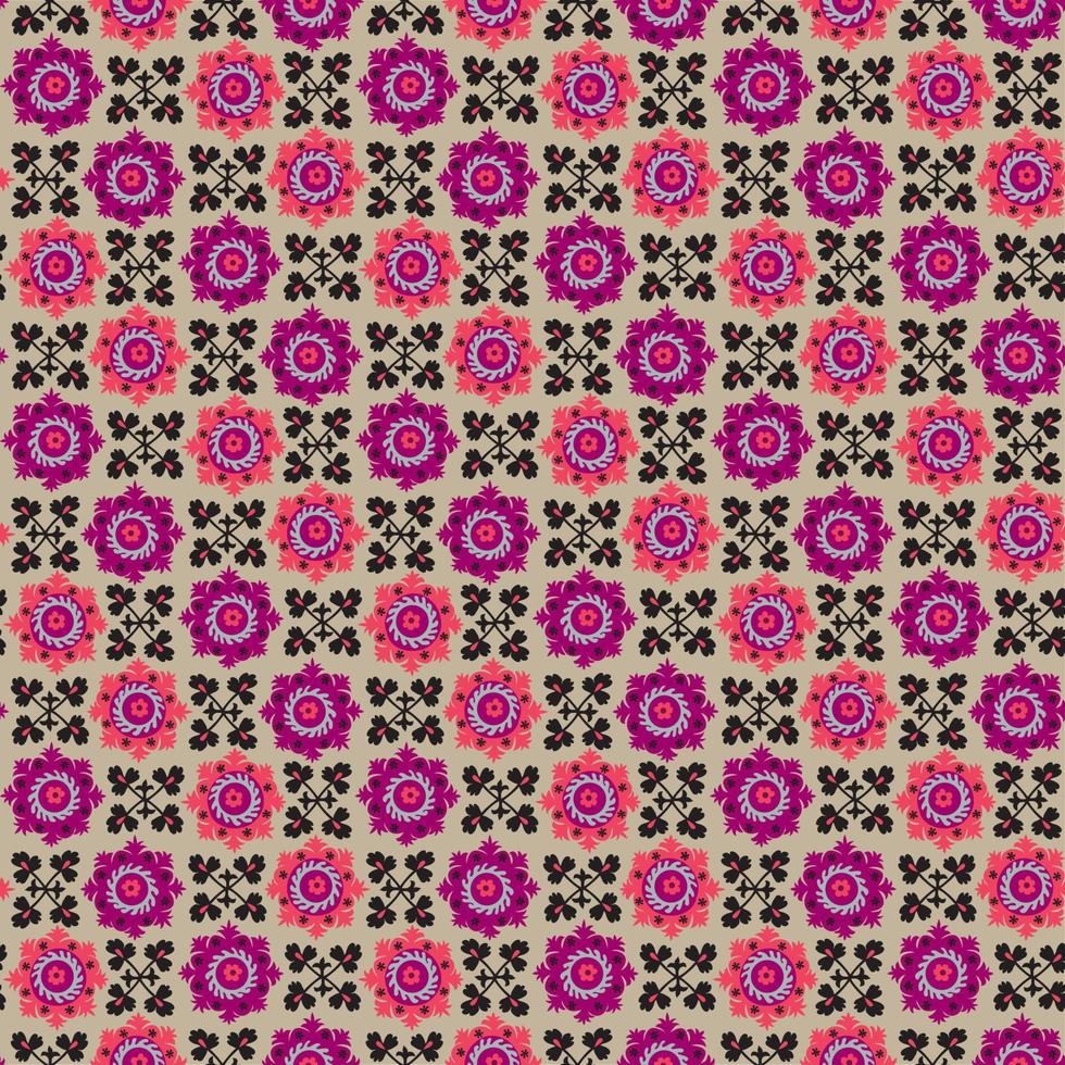 traditional asian carpet embroidery Suzanne in pink and black color. Uzbek ethnic decorative floral motif for rug, fabric, tablecloth vector
