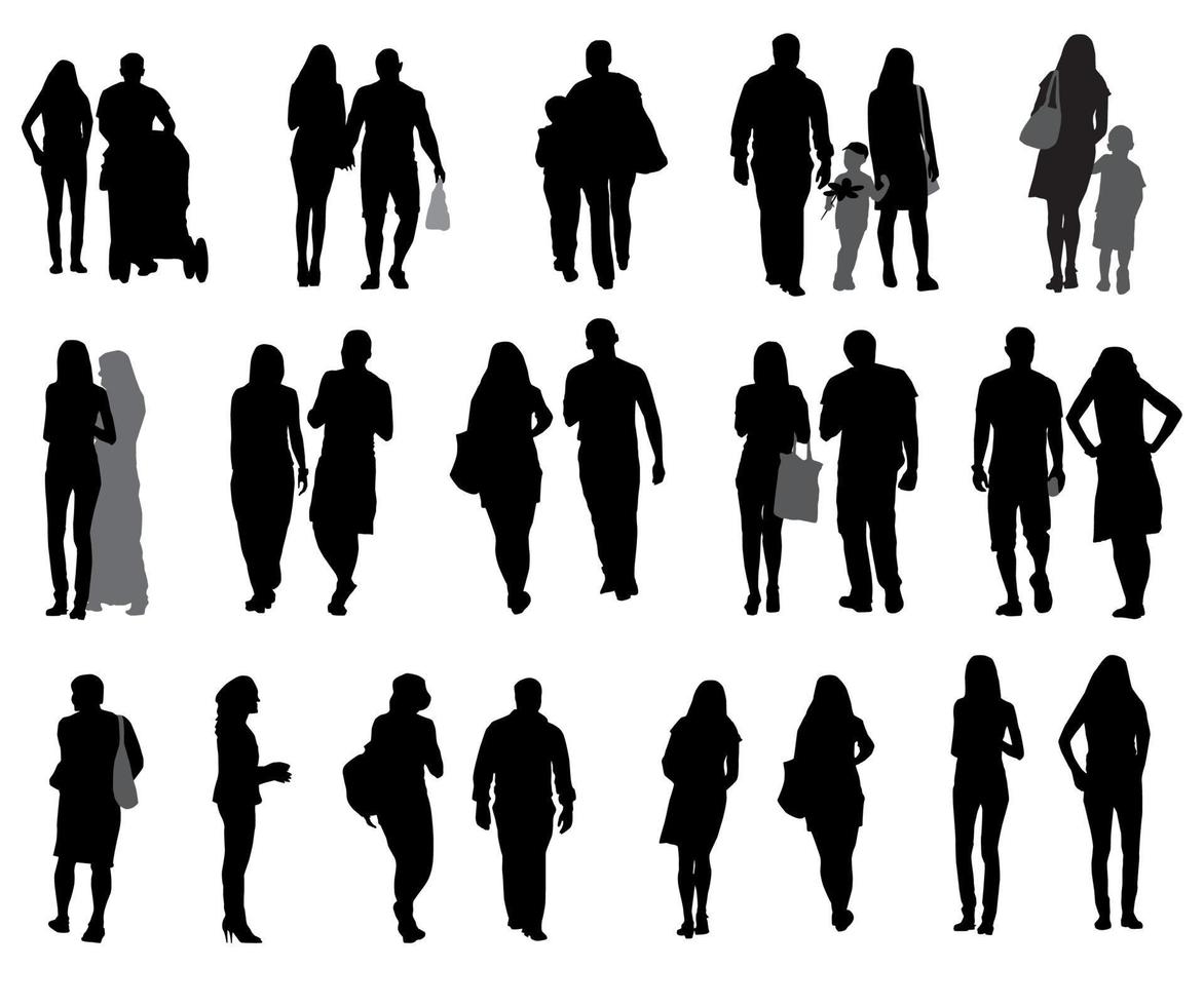 Set of Silhouette Walking People and Children. Vector Illustration.