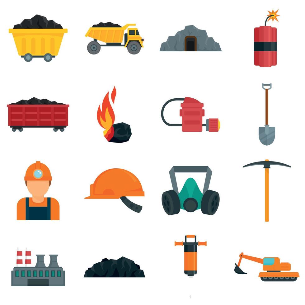 Coal industry icons set, flat style vector