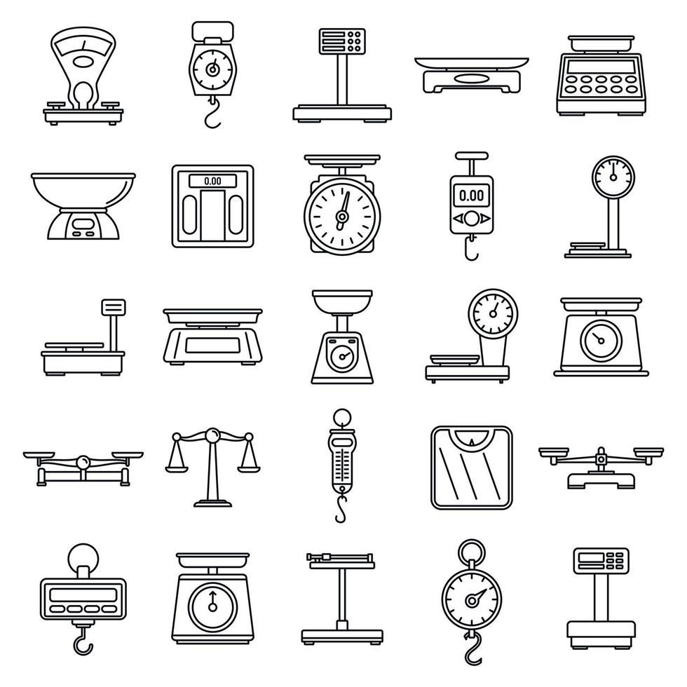 Digital weigh scales icons set, outline style vector
