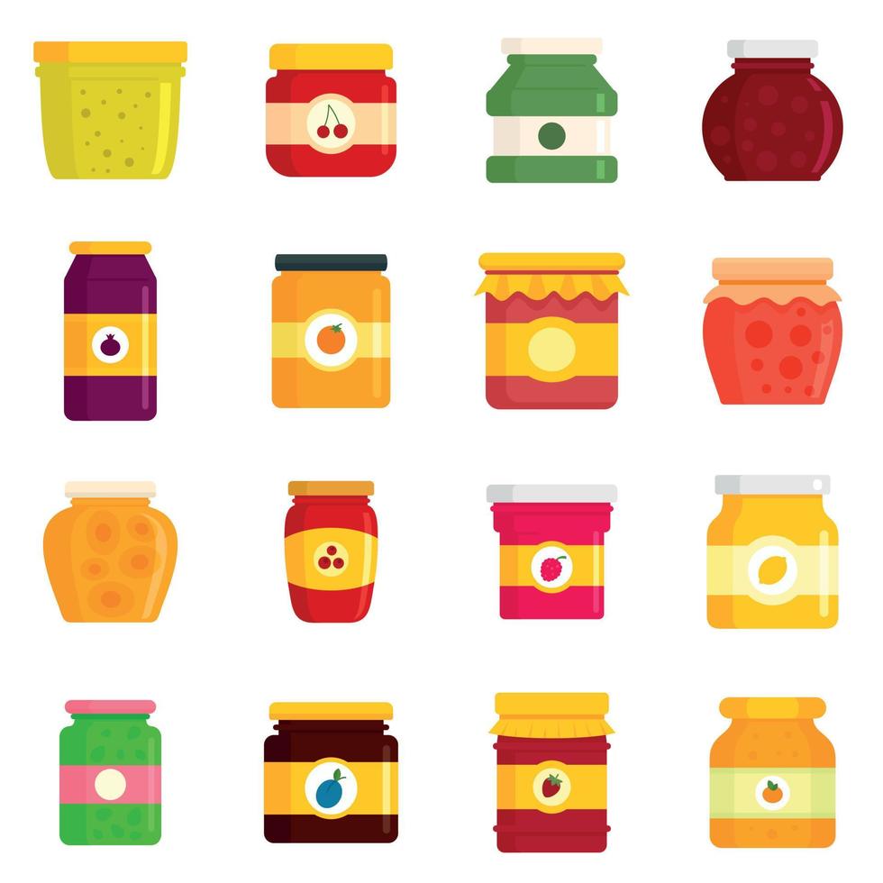 conjunto de iconos de tarro de mermelada, tipo plano vector