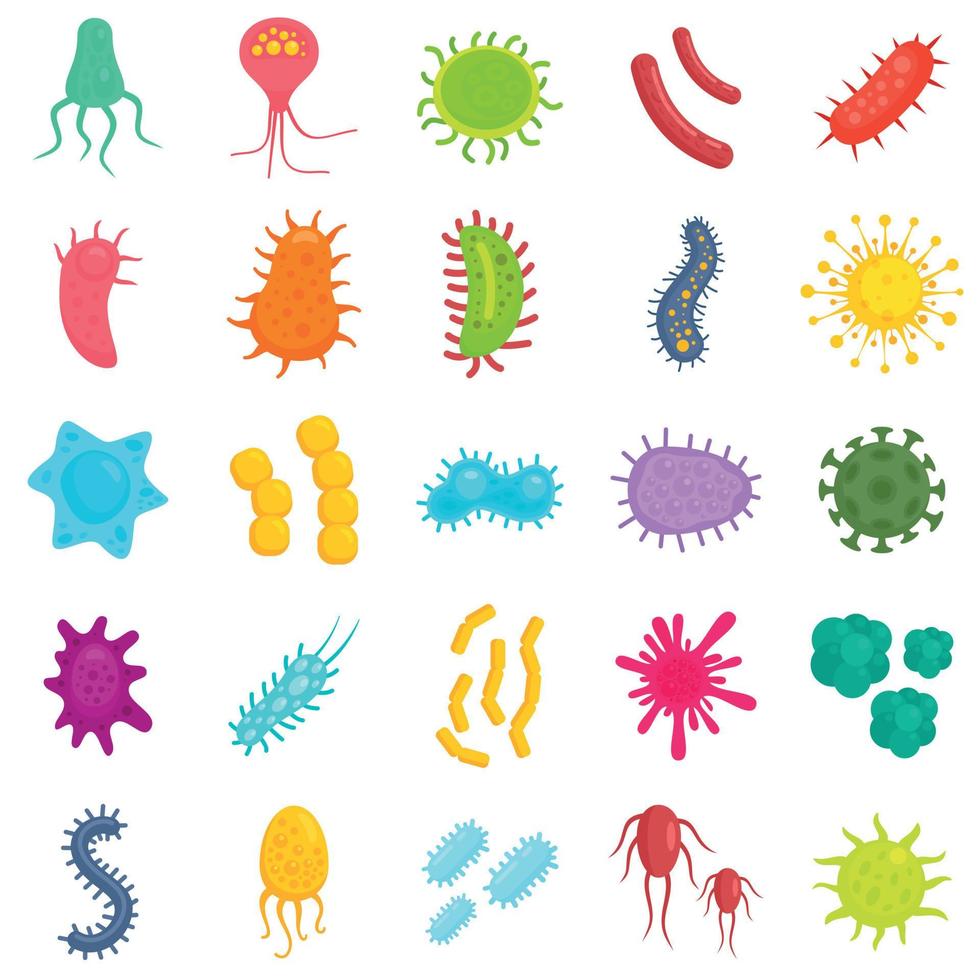 conjunto de iconos de bacterias, estilo plano vector