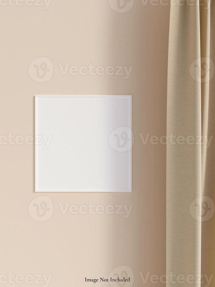 Modern and minimalist square white poster or photo frame mockup on the wall in the living room. 3d rendering.