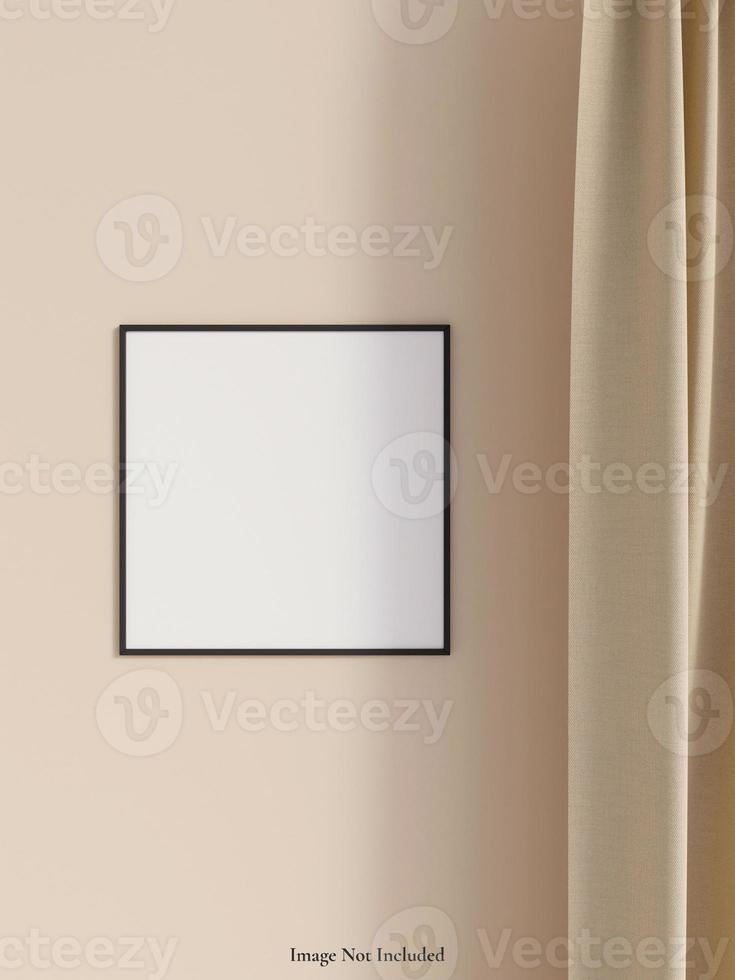 Modern and minimalist square black poster or photo frame mockup on the wall in the living room. 3d rendering.