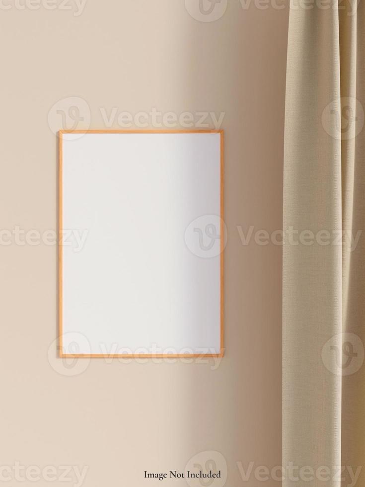 Modern and minimalist vertical wooden poster or photo frame mockup on the wall in the living room. 3d rendering.