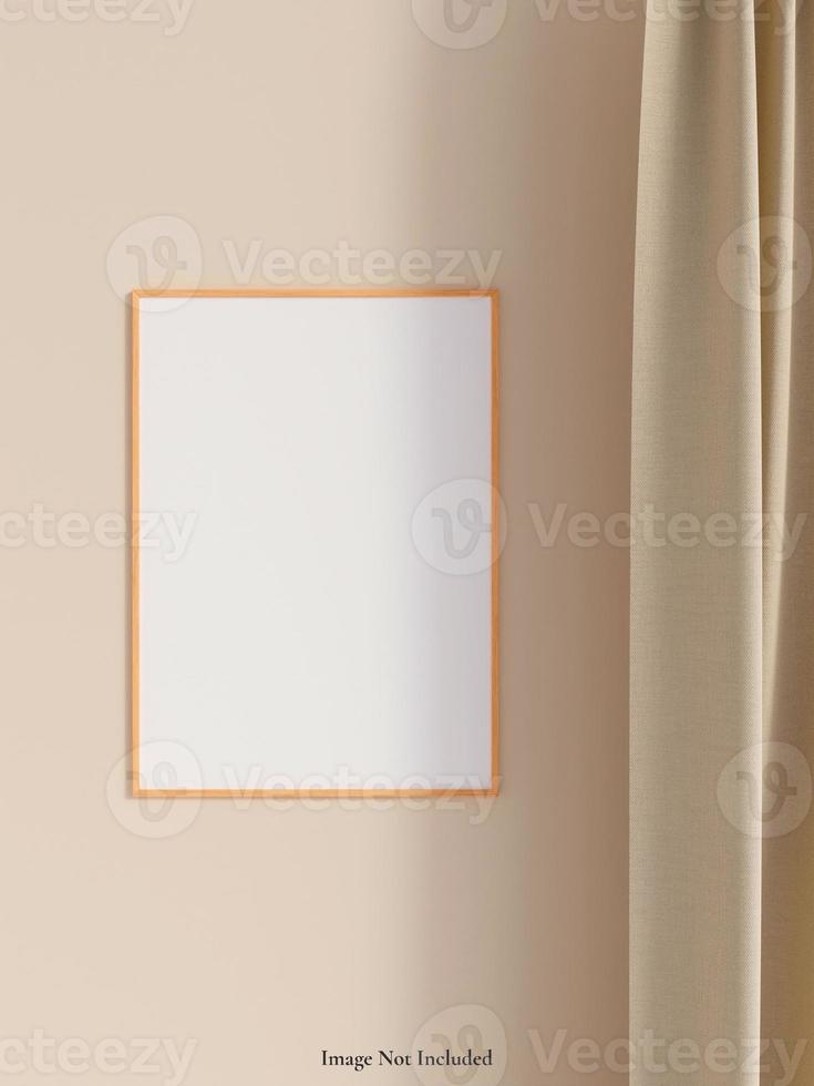 Modern and minimalist vertical wooden poster or photo frame mockup on the wall in the living room. 3d rendering.