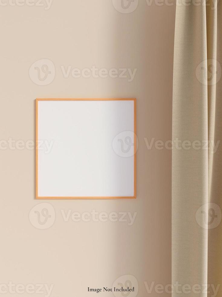 Modern and minimalist square wooden poster or photo frame mockup on the wall in the living room. 3d rendering.
