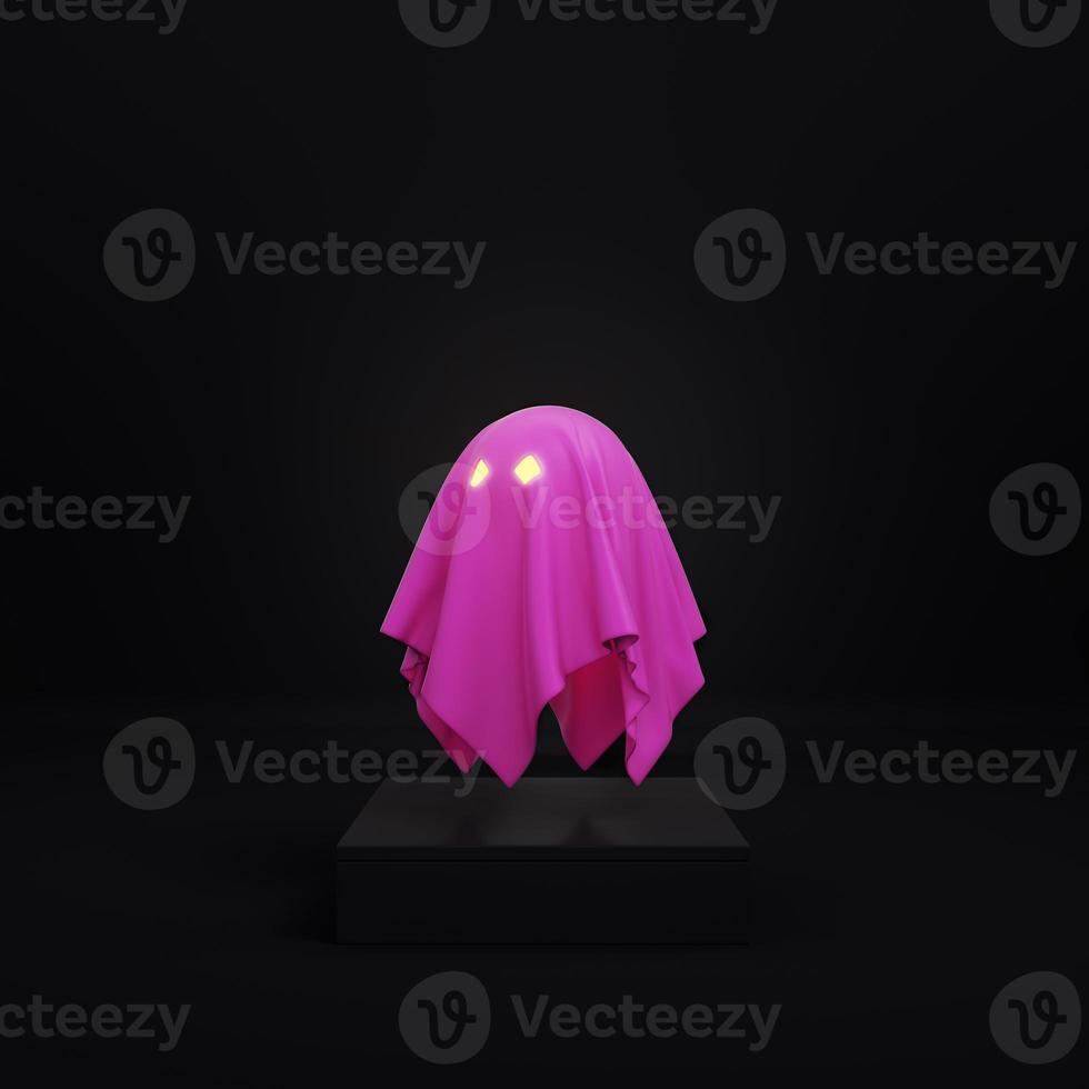 Cute pink ghost character with glowing eyes on dark pedestal. Minimalism concept photo