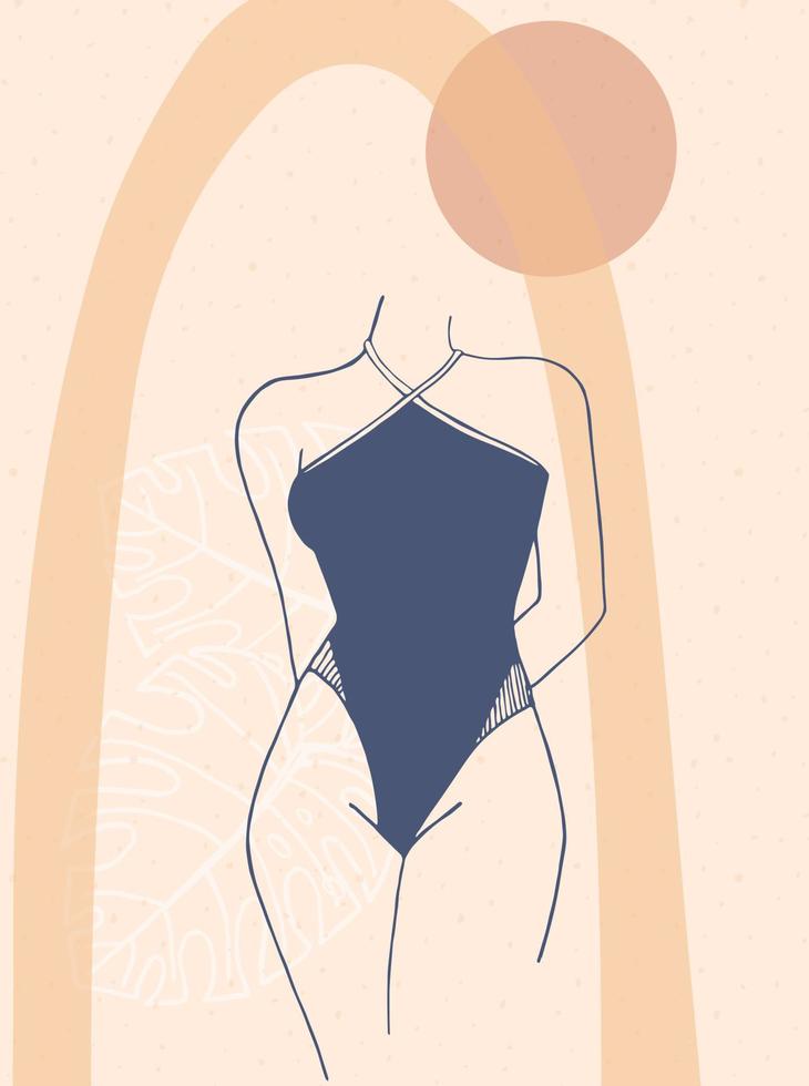 Abstract poster with woman in swimsuit. Female body in lingerie in minimalist boho style. vector