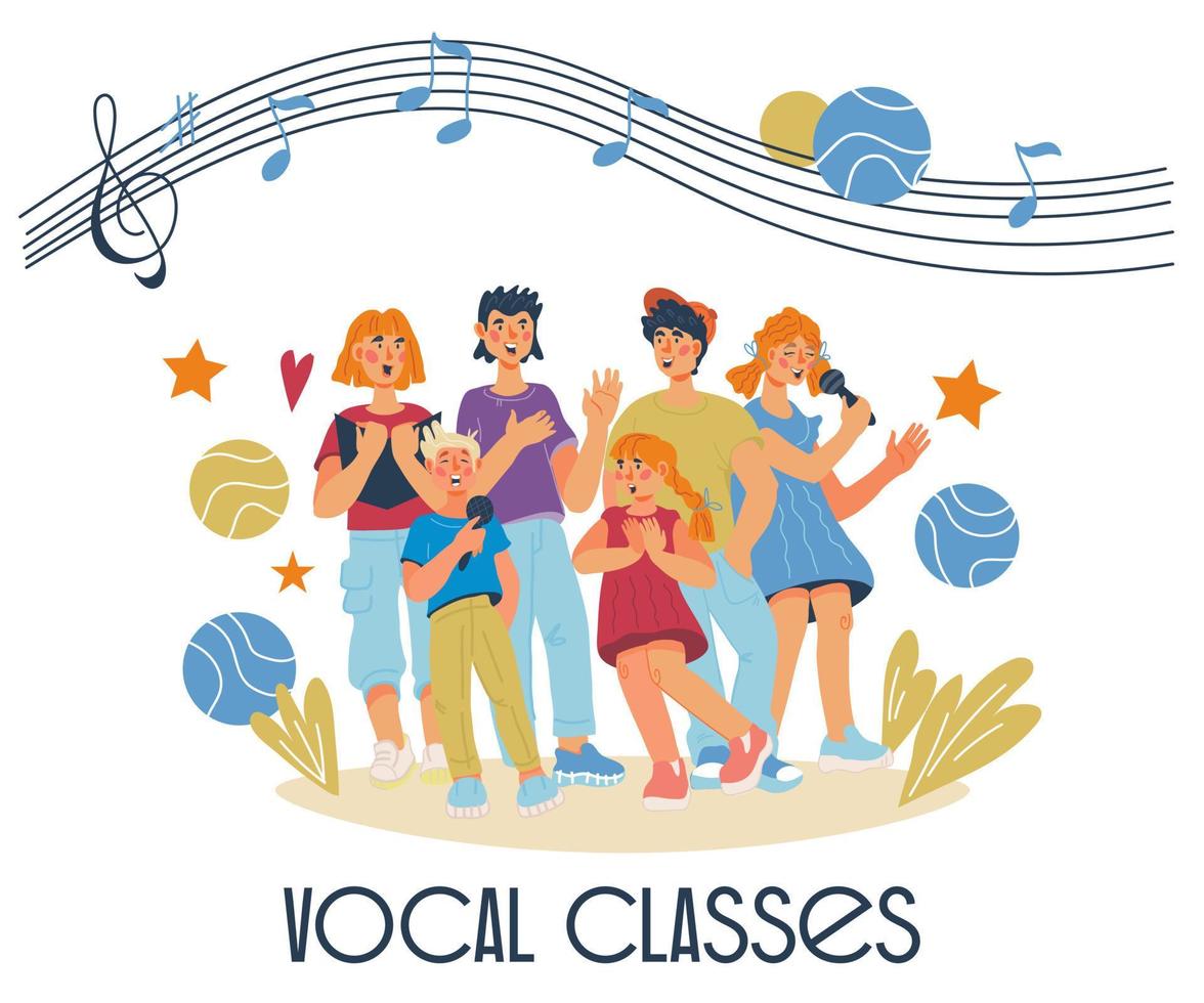 Children vocal classes banner with singing kids cartoon characters. Music lessons, chorus and education. School or preschool musical performance poster. Flat vector illustration isolated background.