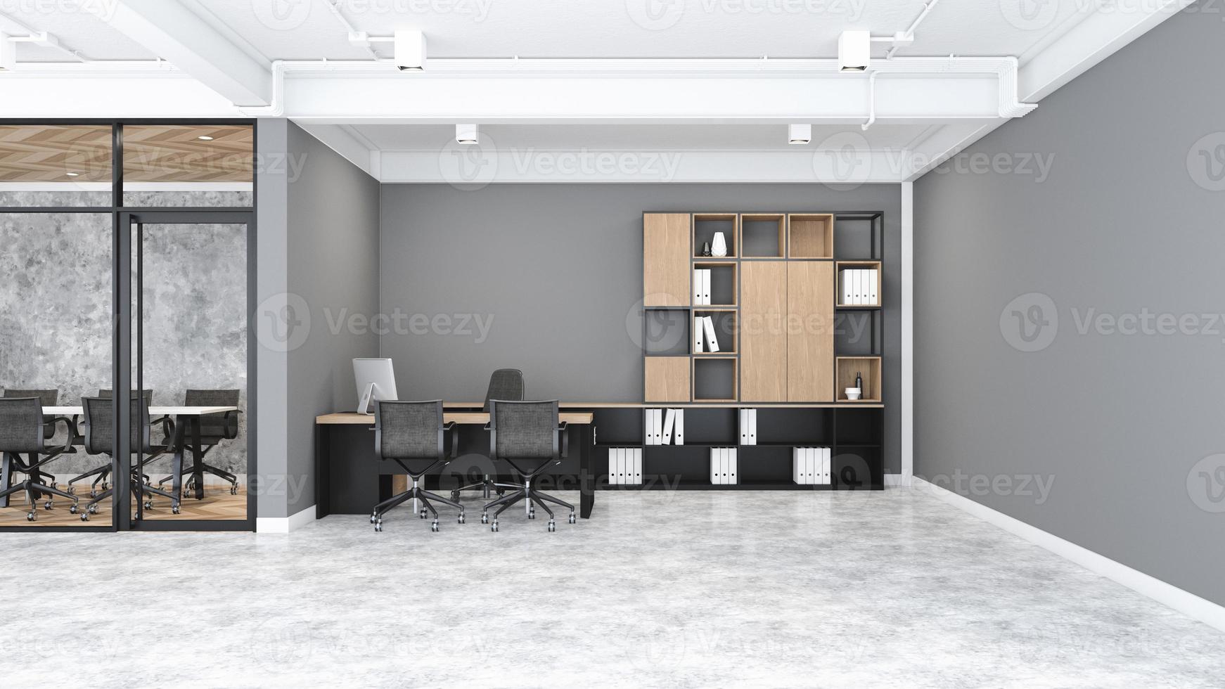 área de administrador de loft minimalista con escritorio moderno y estante para documentos, pared gris y piso de concreto. representación 3d foto