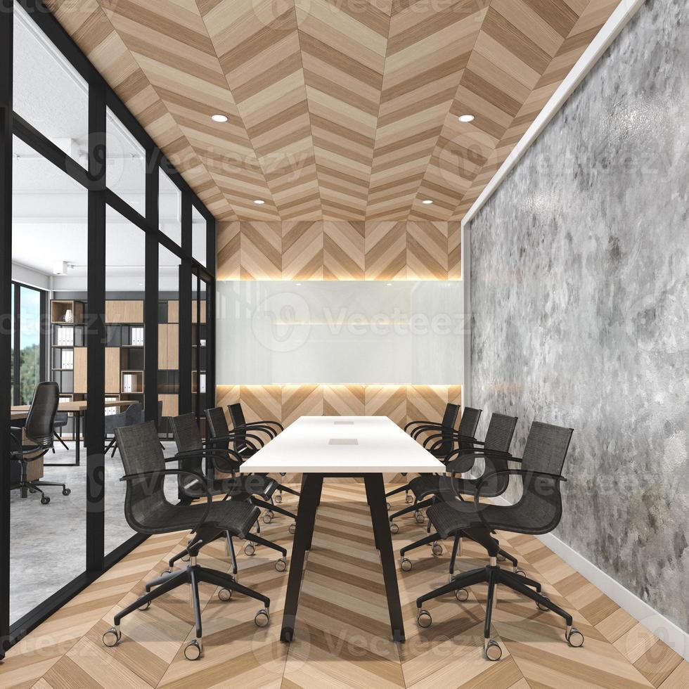 moderna sala de reuniones tipo loft con escritorio blanco y paredes de madera, suelo de madera. representación 3d foto
