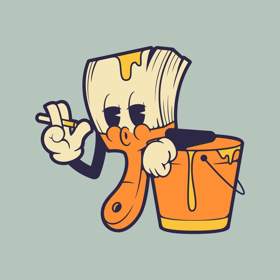 Pintar el personaje de la mascota del pincel fumando. ilustración de mascota vintage retro. vector