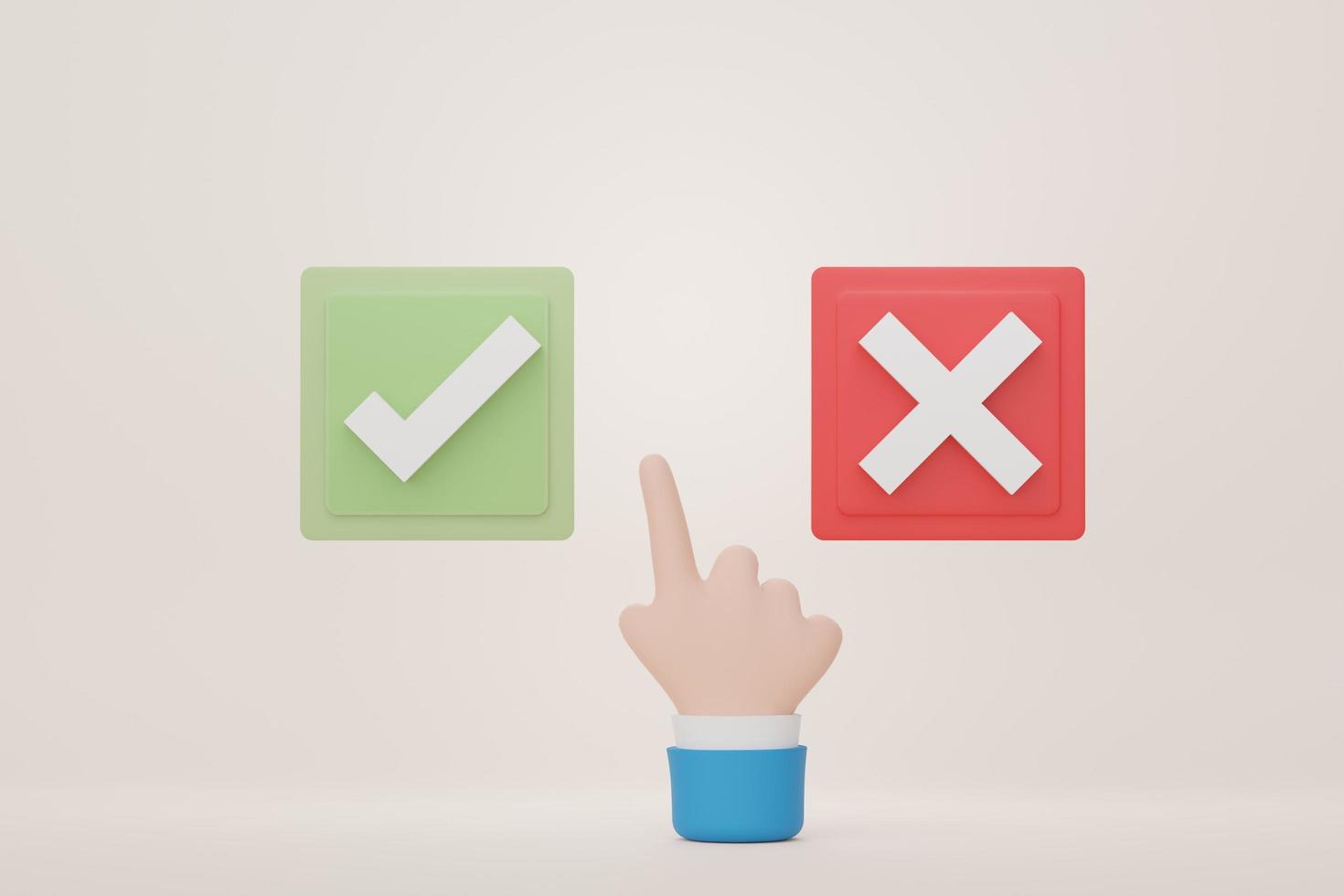 3d render of cartoon hand choosing button choices between correct and incorrect on pastel background. photo