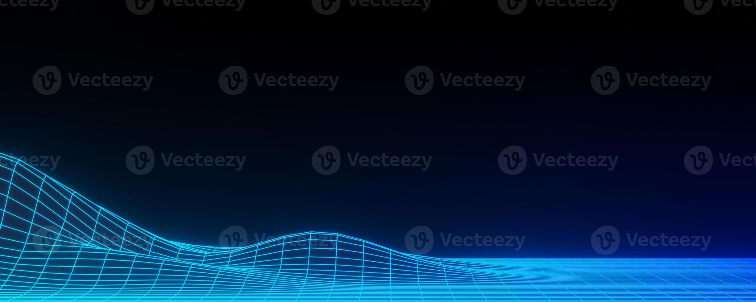 3d render of futuristic retro landscape neon light on darkness background. Abstract Laser cyber lines show at night. Ultraviolet spectrum beam scene for mock up and web banner. photo