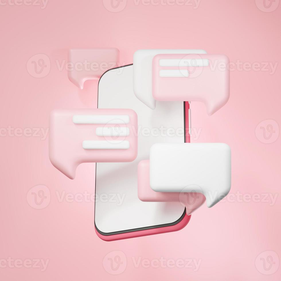 3d rendering of smartphone with chat bubble and comment icon on clean background for mock up and web banner. Cartoon interface design. minimal metaverse concept. photo