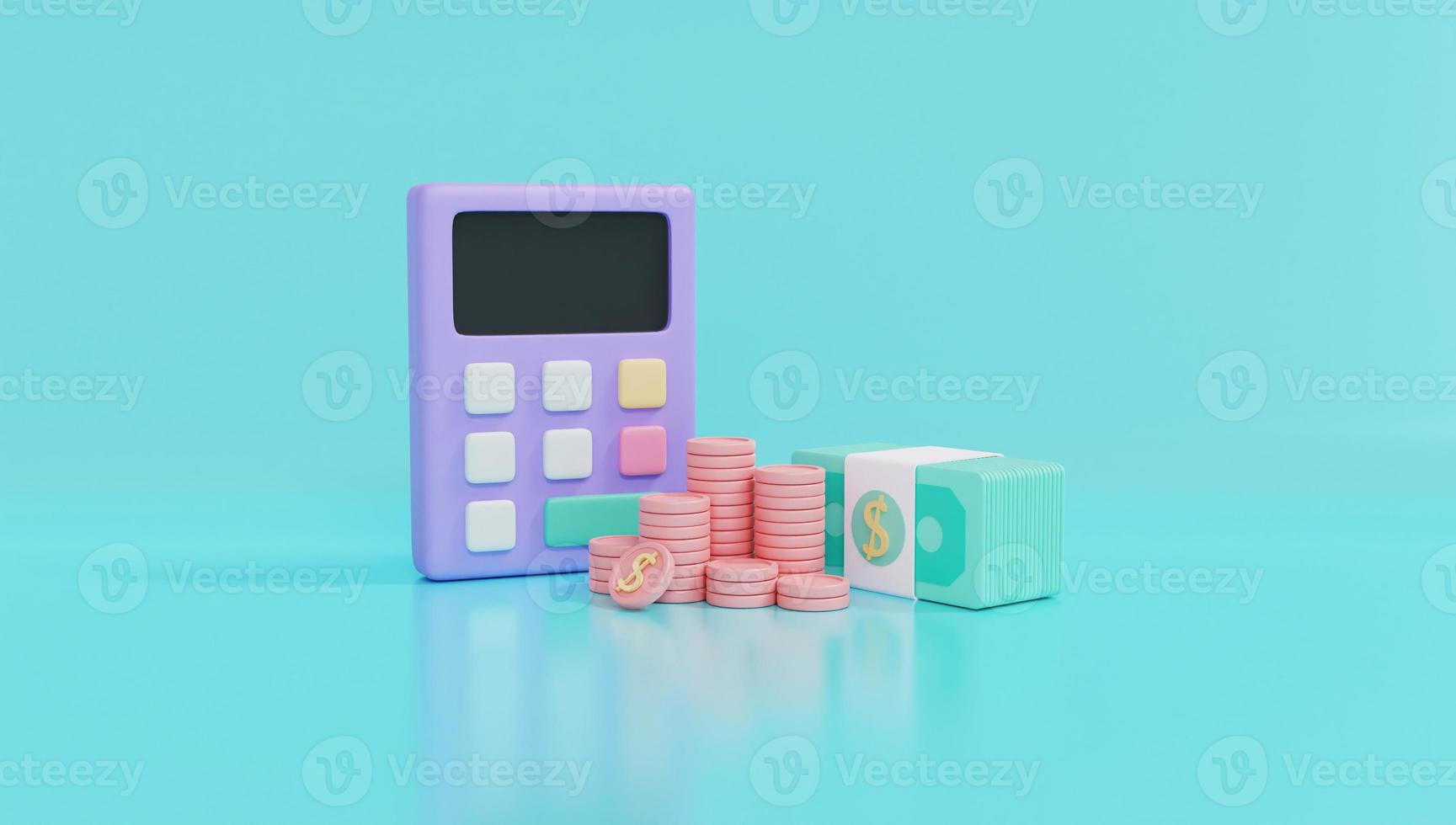 3D Rendering concept of investment. Calculator with coins and money on background  for commercial design. photo