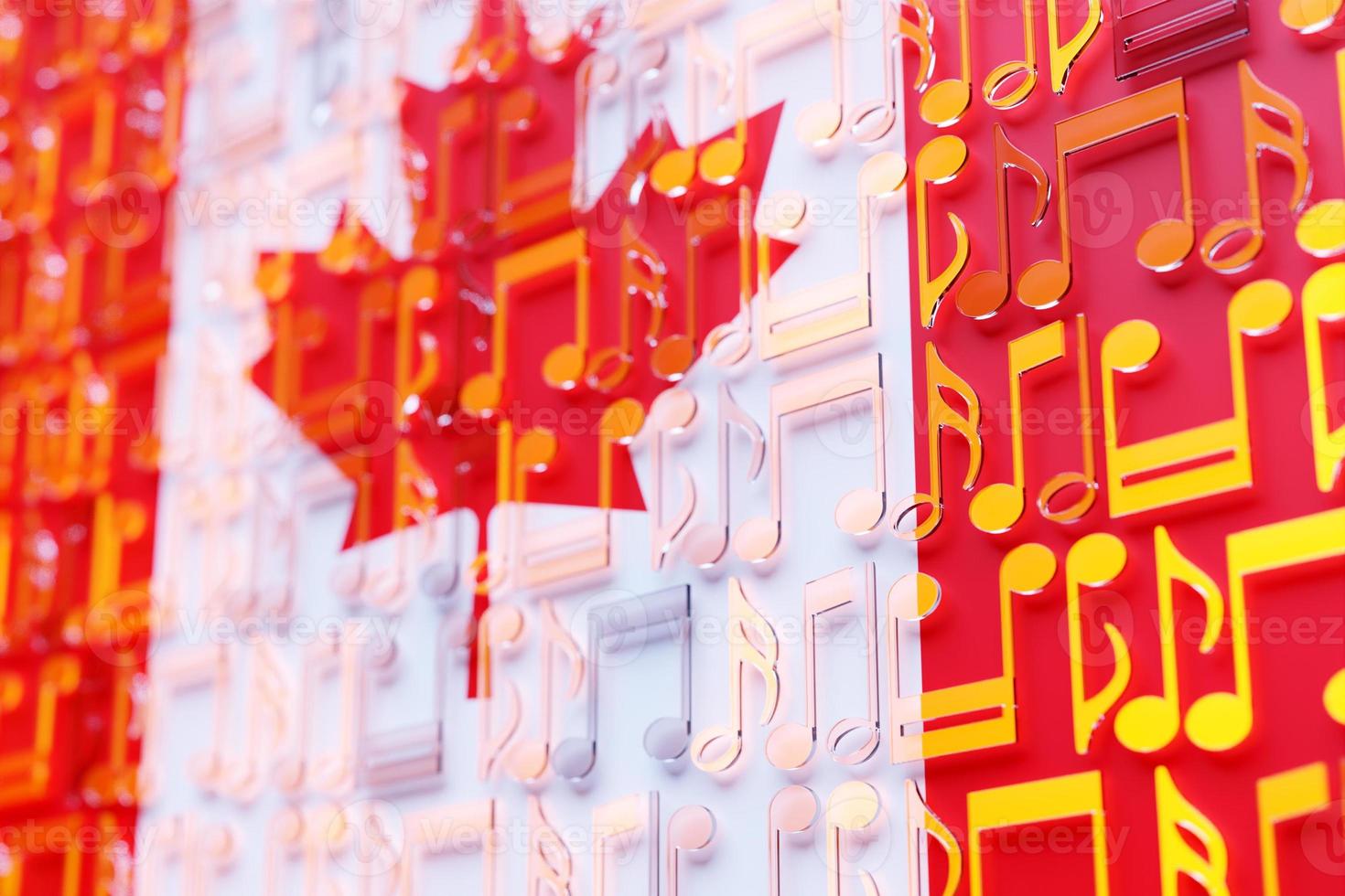 Musical notes lined up in even rows against the backdrop of the National Flag of Canada. The concept of the national anthem, music photo