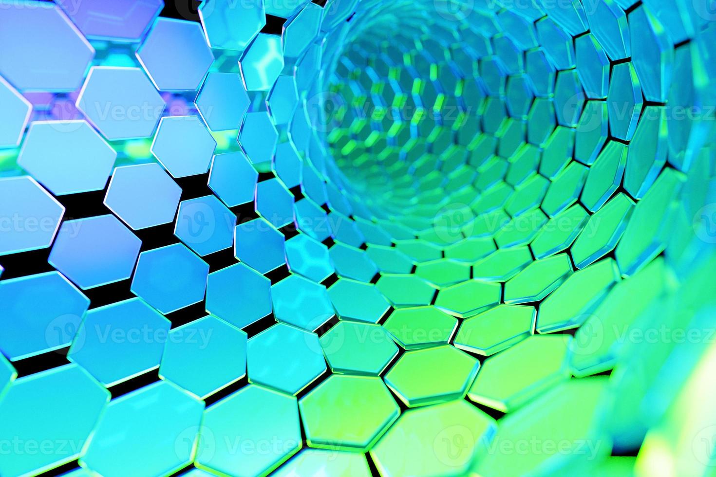 3d illustration of a portal from a circle,  walkway.  A close-up of a  green  round monocrome tunnel. photo