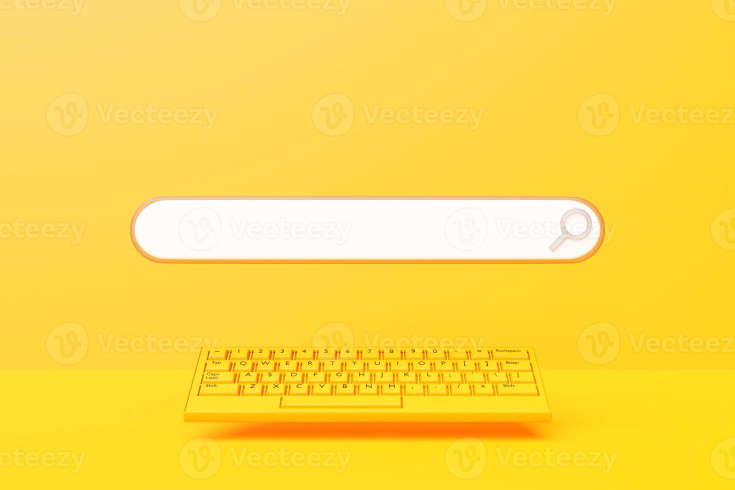 3D illustration of a yellow  keyboard with a search frame, a box, an internet panel photo