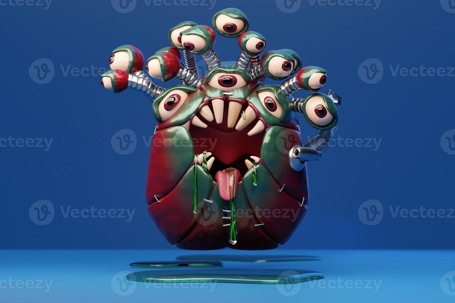 A creepy monster with a huge number of eyes and fangs, saliva flows, on a black background. 3D rendering photo