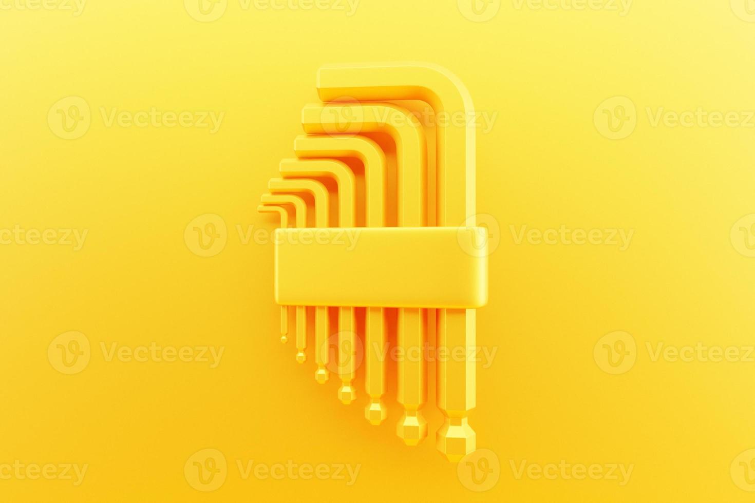 3D illustration of a yellow    tool allen key   hand tool isolated on a monocrome background. 3D render and illustration of repair and installation tool photo
