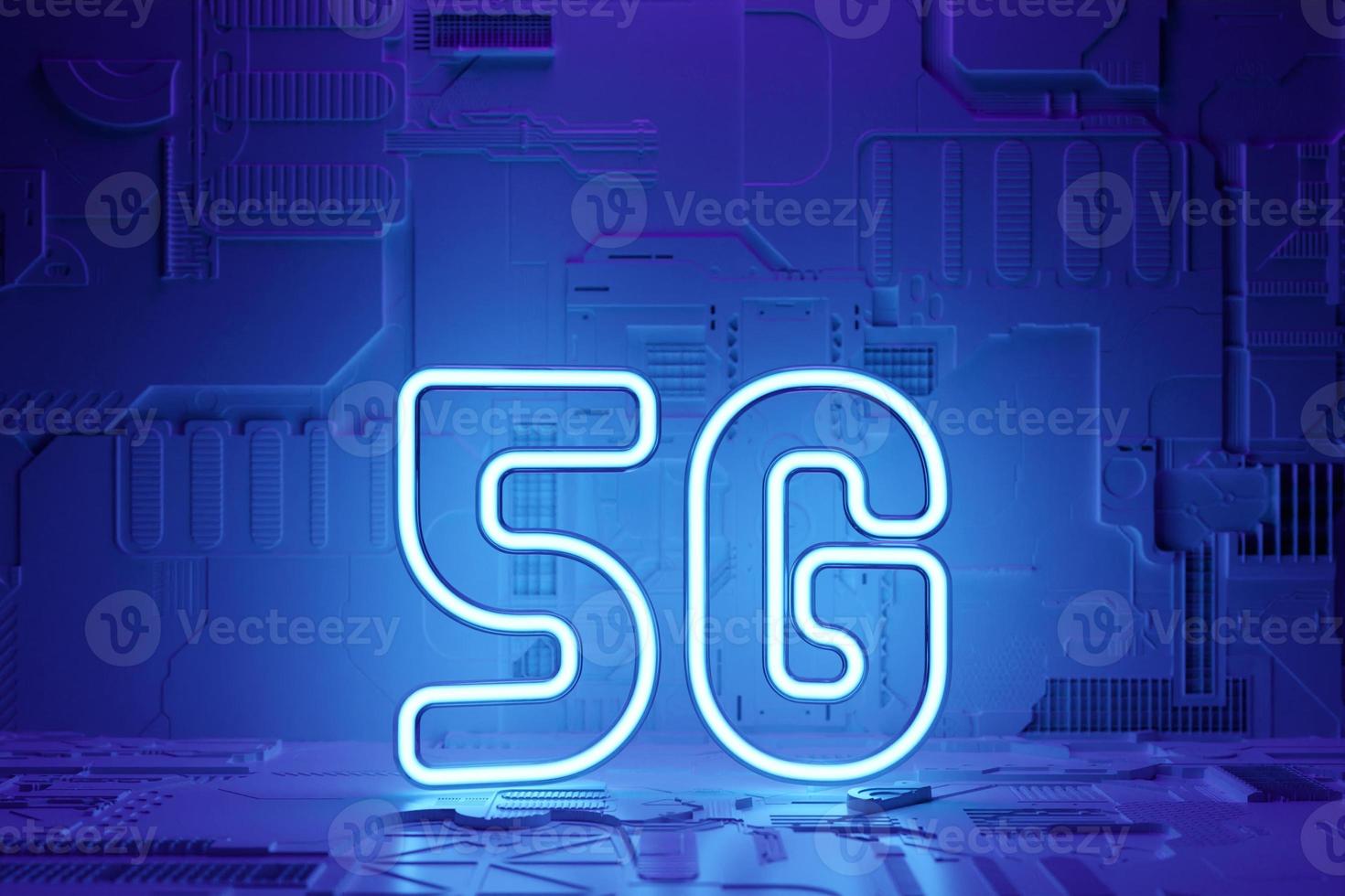 3D illustration of a 5G  blue neon  icon  on a  black background. photo
