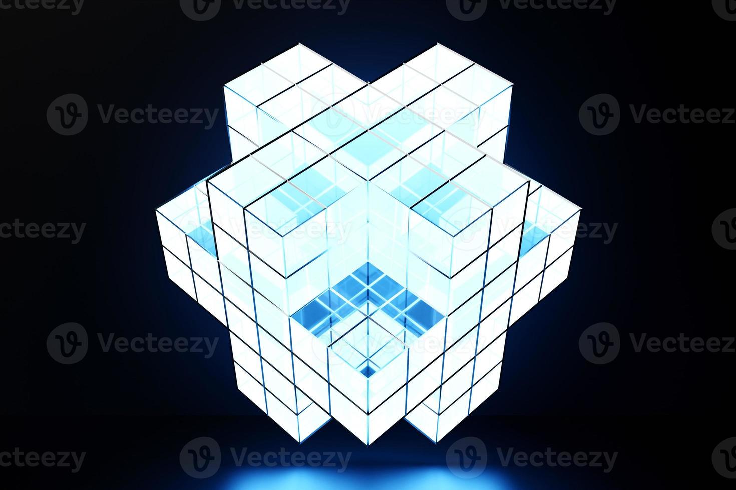 3d model of a   blue light puzzle. Abstract bright polyhedron with  tips on a black  isolated background photo