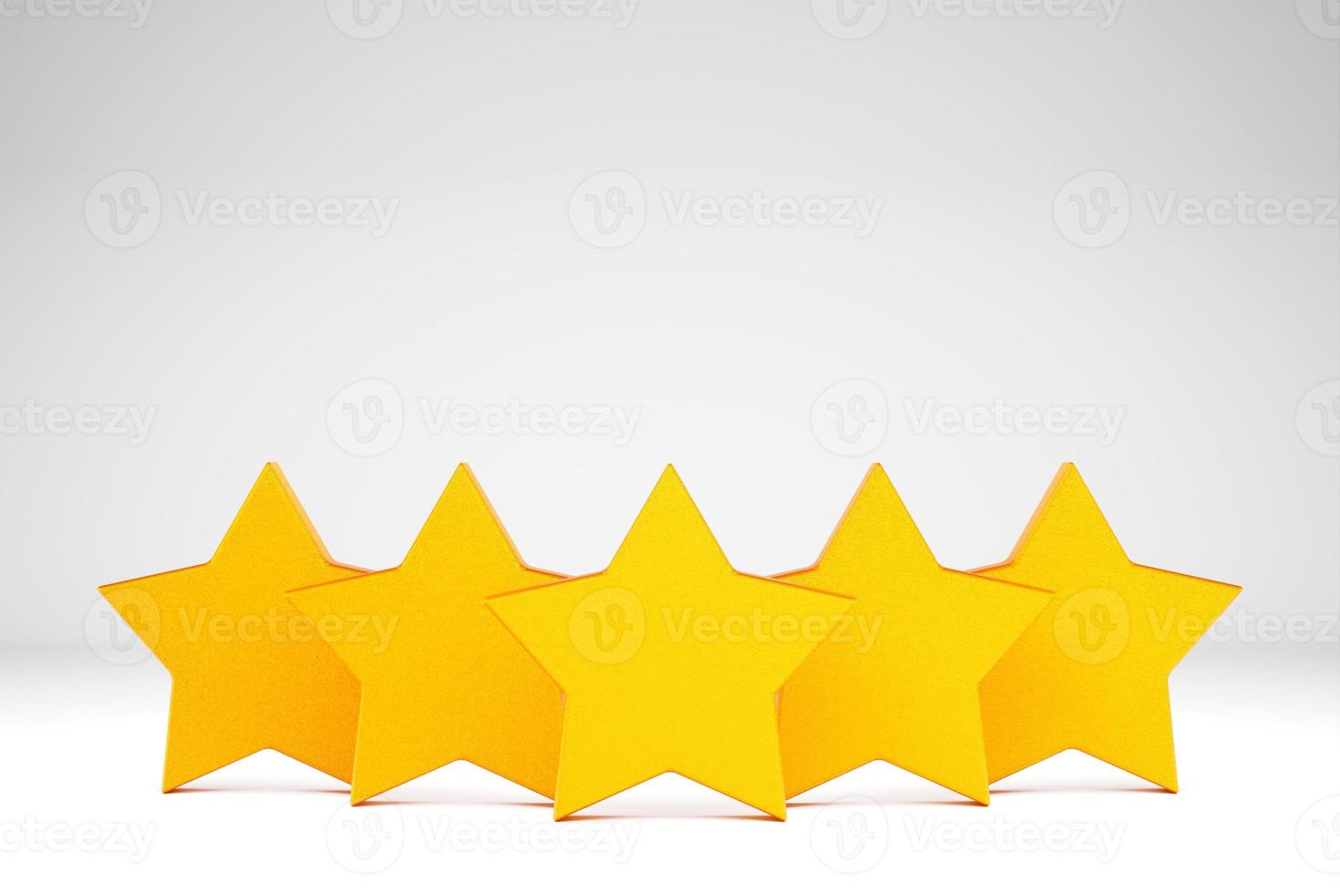 3d illustration 5 golden stars stands in a row on white isolated background. photo