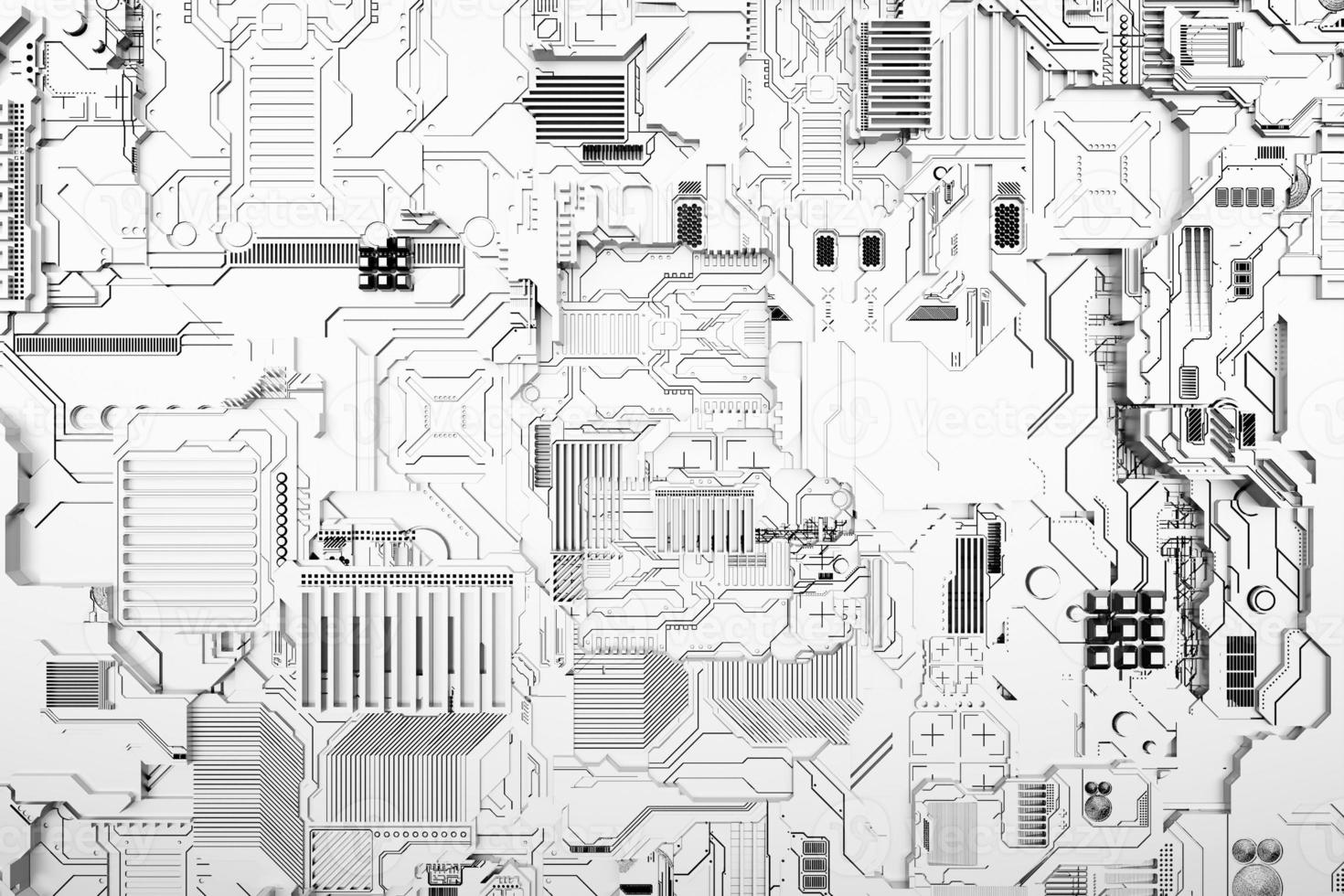 Detail of a futuristic  machine. 3D illustration of a futuristic wall made of various details. photo