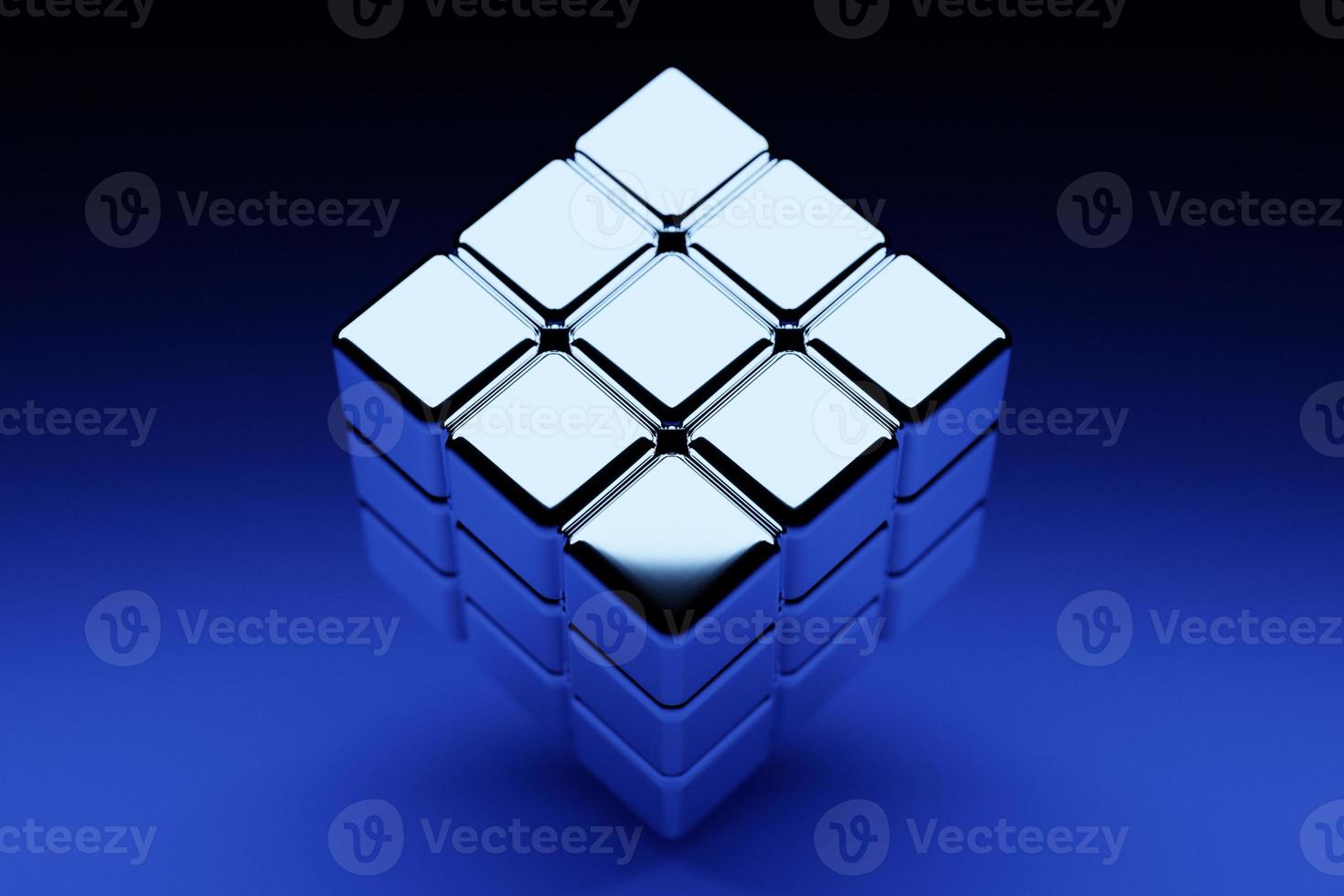 3d illustration classic still life with a geometric volumetric figure of a cube with a shadow under blue neon color photo