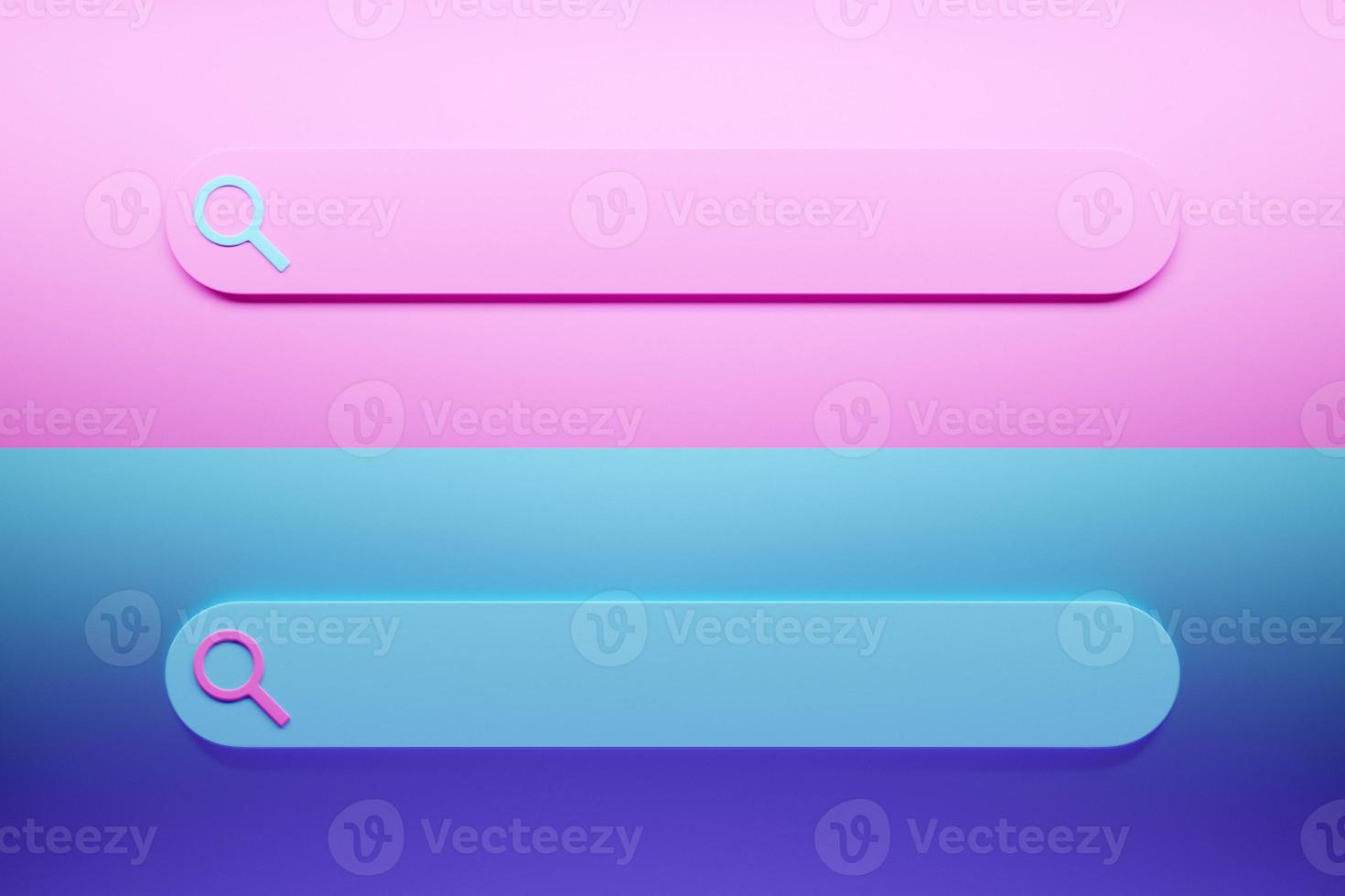 3D illustration of the search bar. Search in internet box, website user interface panel with pink and blue theme and online search button photo