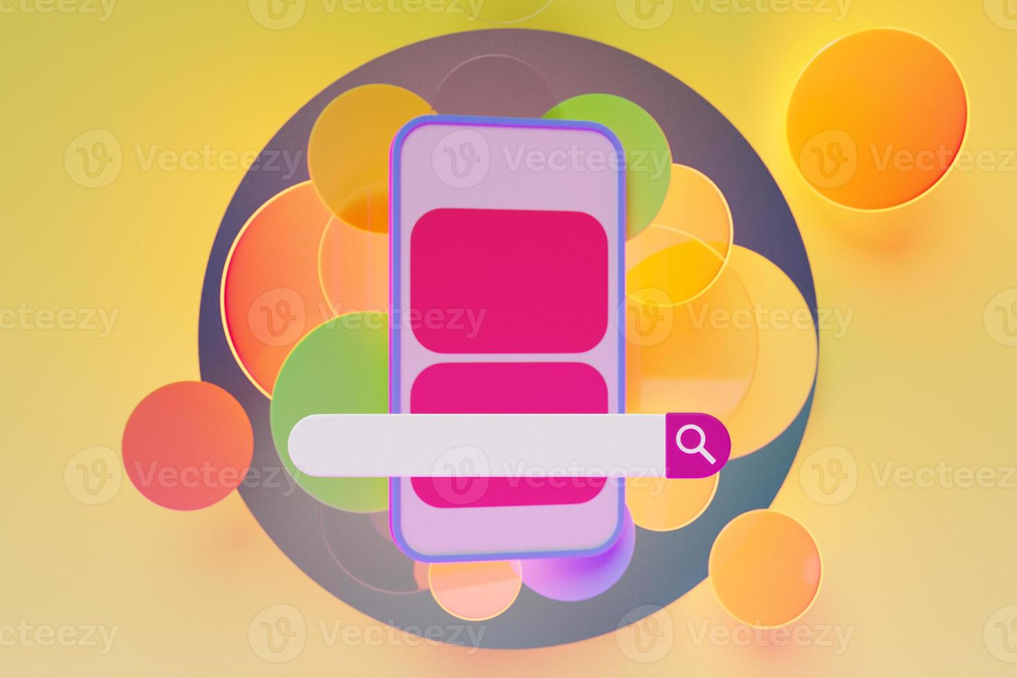 3D colorful illustration of a modern smartphone with an information search bar on a yellow background. photo