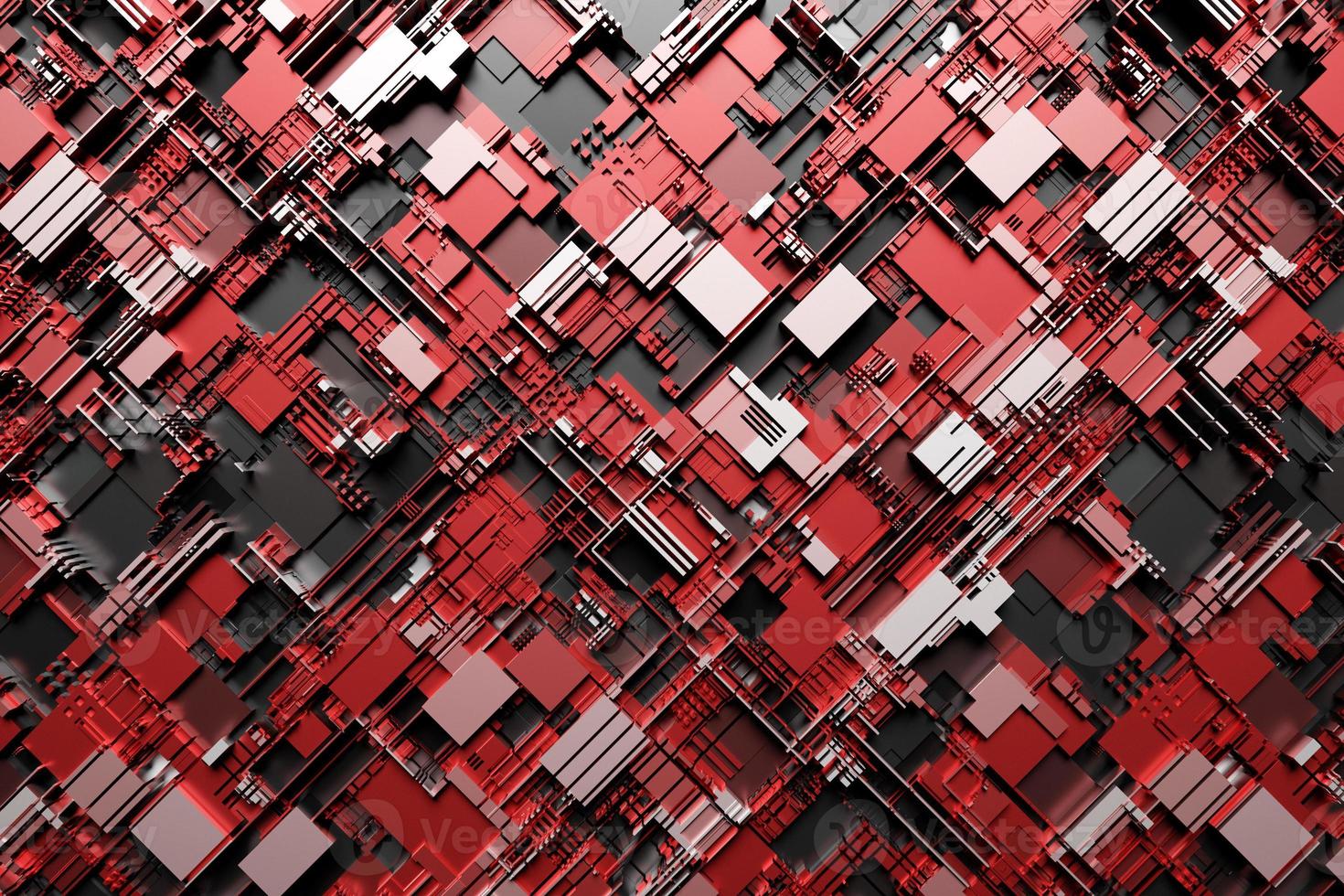 3D illustration of the Close up of the red and black  cyber armor on neon lights. photo