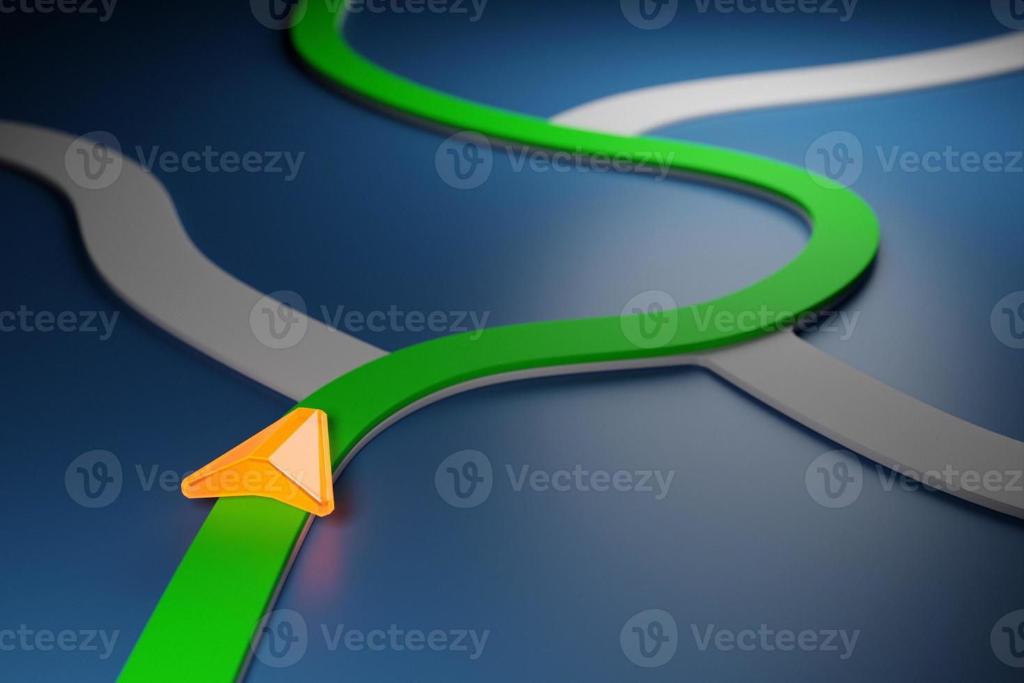 3d illustration of a directional trajectory icon with navigation neon markers, destination among city photo