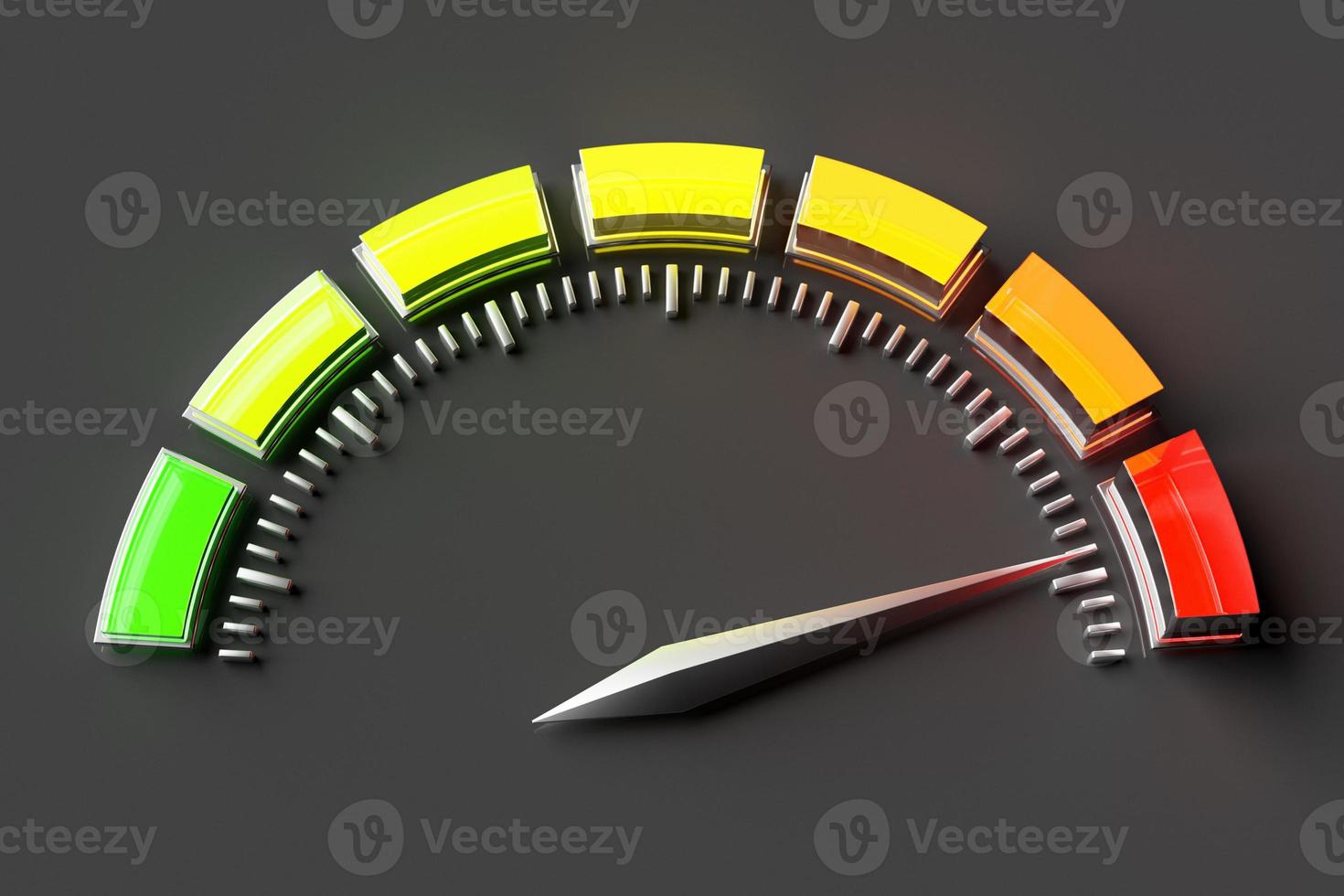 Ilustración 3D del icono de velocidad de medición. icono colorido del velocímetro, el puntero del velocímetro apunta al color rojo foto