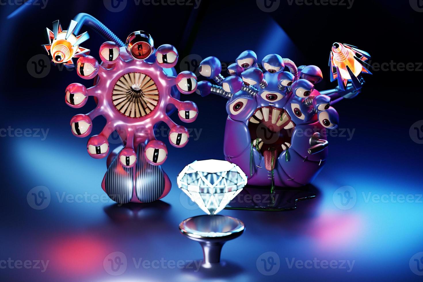 Evil pink cartoon monsters with a huge number of eyes, sight eyes, dangerous sting weapons found a treasure, a large diamond. 3d illustration photo