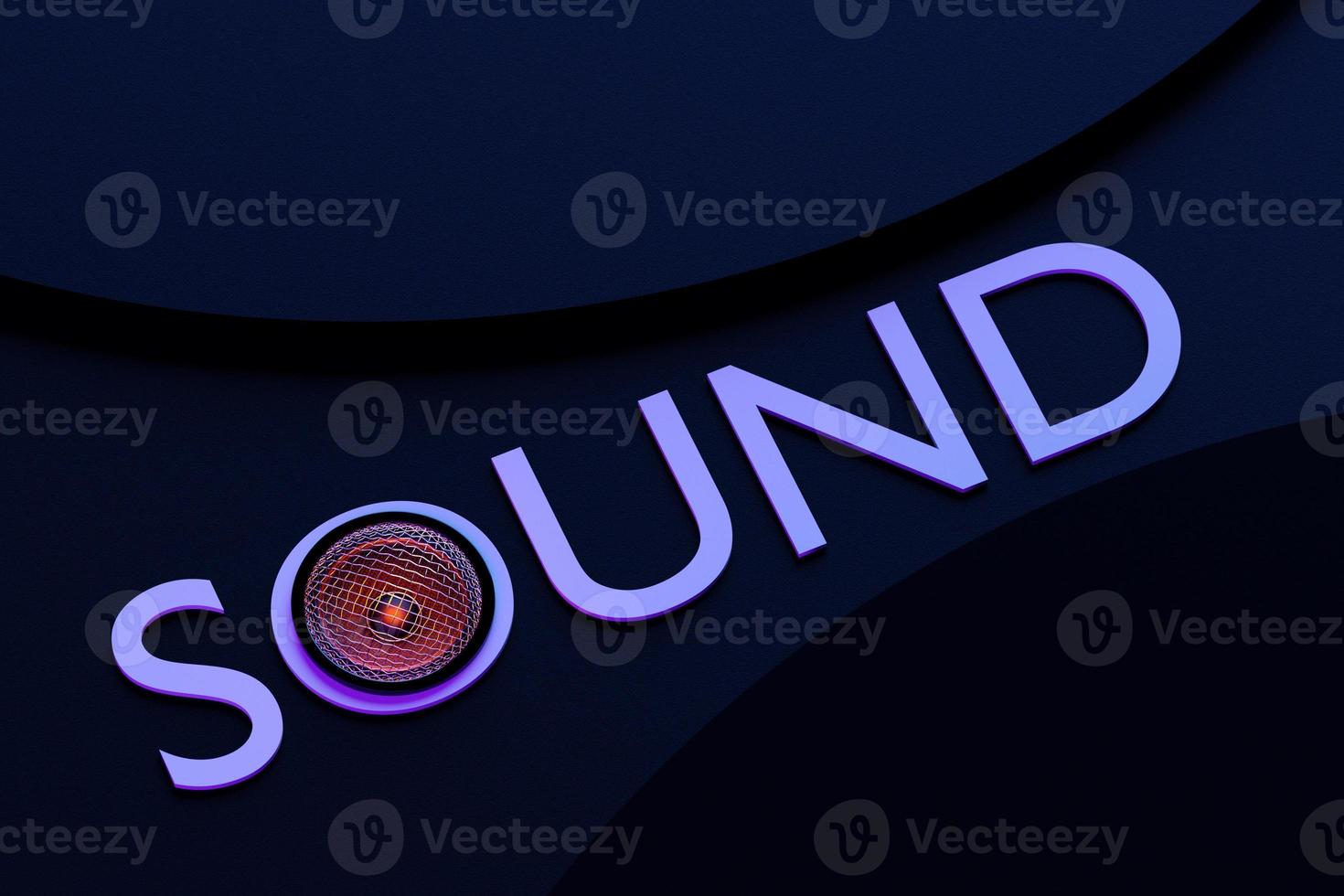 3D illustration inscription SOUND from a music speaker on a dark isolated background. photo